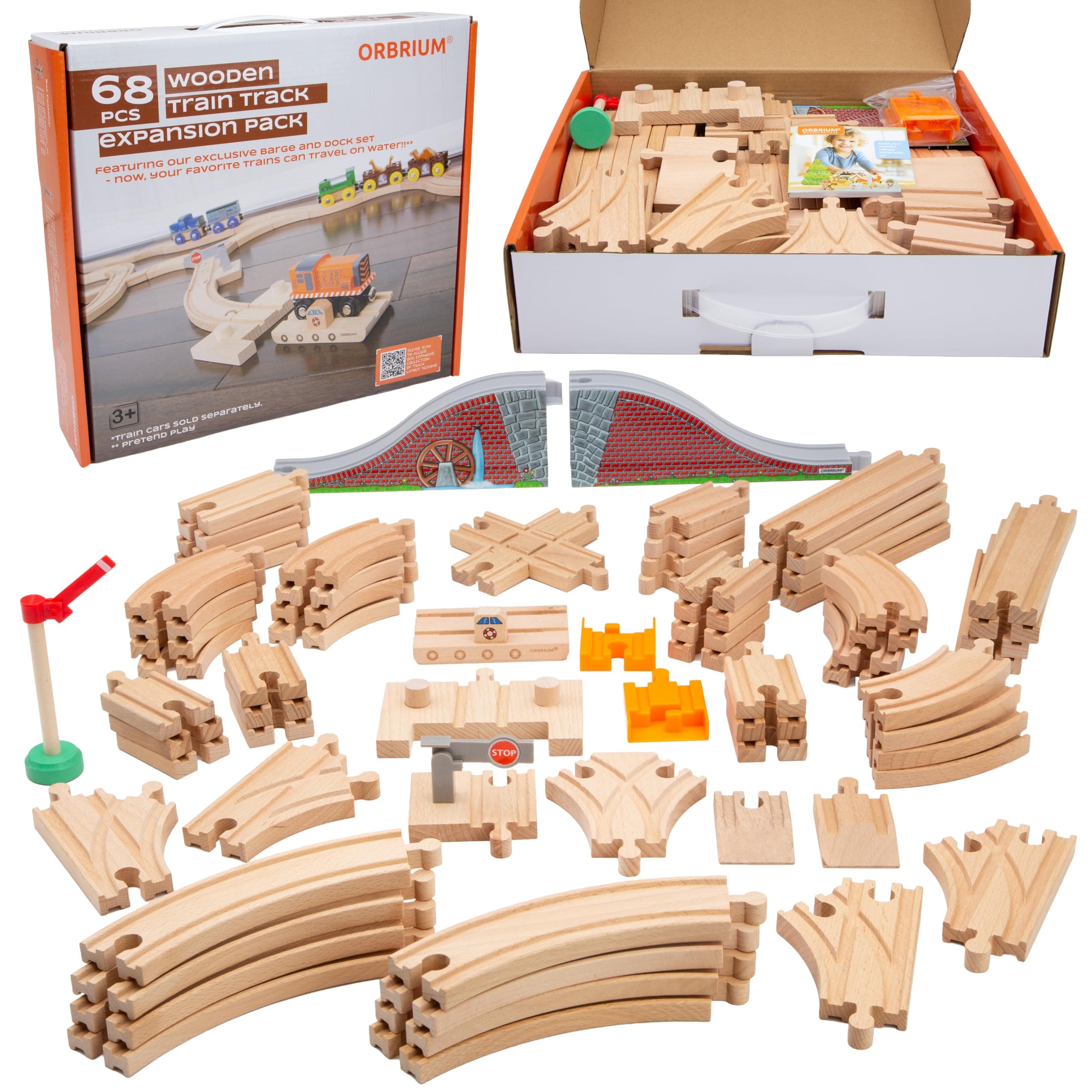 Wooden Train Tracks 68 Piece Expansion Pack Accessories with Arched Bridge, Engine Barge, Dock, Stop & Go Checkpoint, Signal Pole, Cross Track Compatible with Thomas, Brio Wooden Railways ORBRIUM