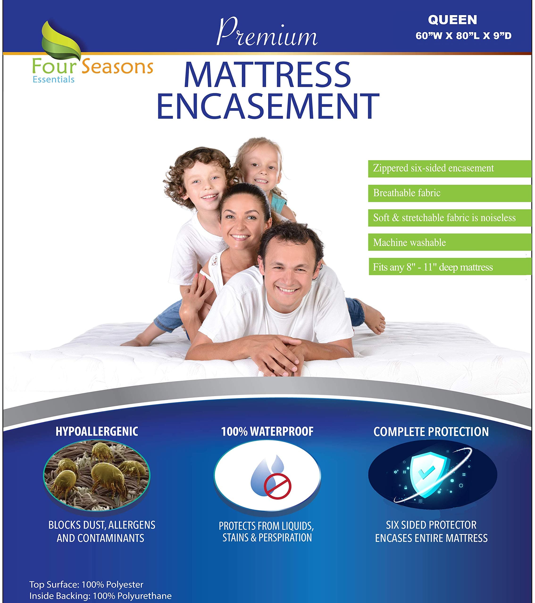 Four Seasons Essentials (Queen) - Queen Mattress Protector (20cm - 28cm Depth) Bedbug Waterproof Zippered Encasement Hypoallergenic Premium Quality Cover Protects Against Dust Mites Allergens