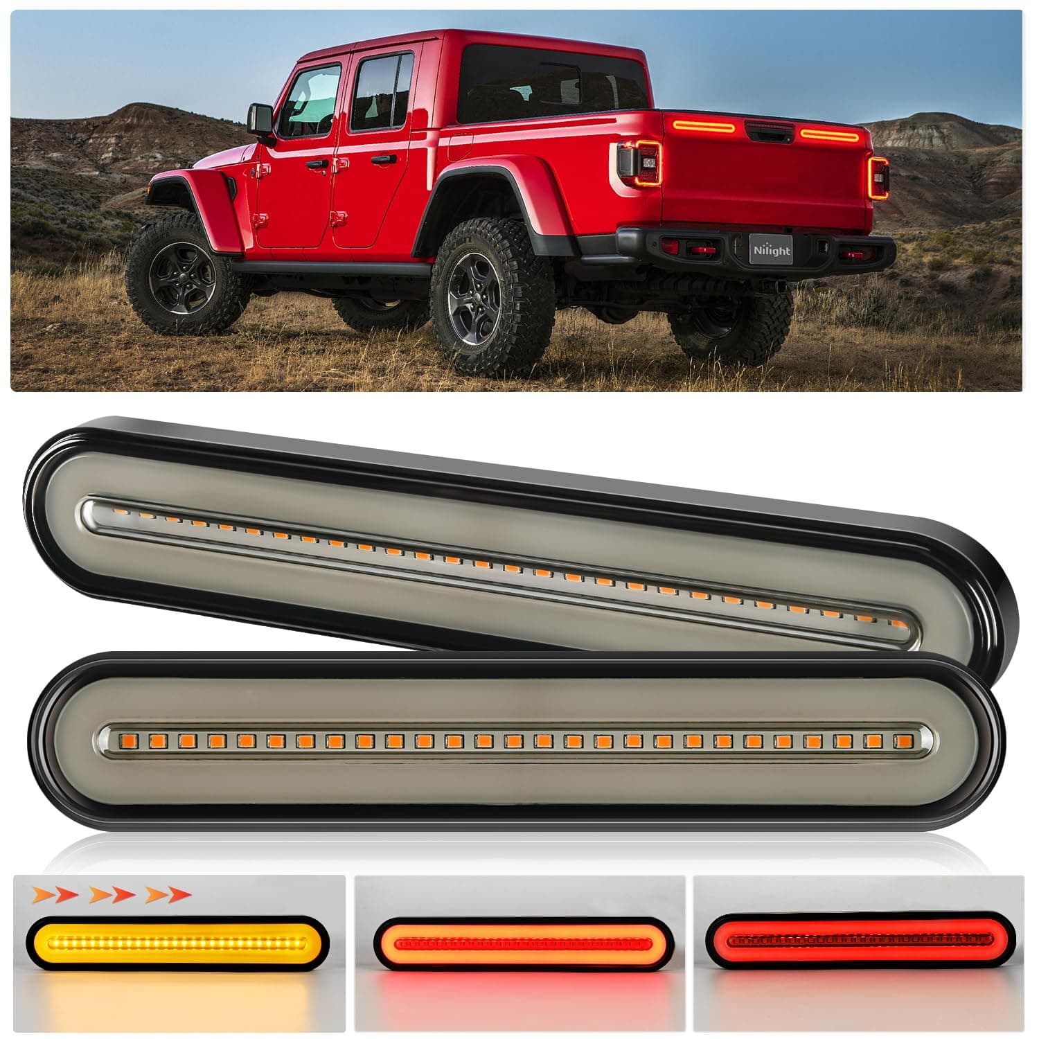Nilight Trailer Tail Light Bar with 3-in-1 Running Stop Turn Signals Brake Lights 2 Pack 9 Inch 100 LED Red & Amber Sequential Strip for Trailers RV Truck Boat Pickup SUV
