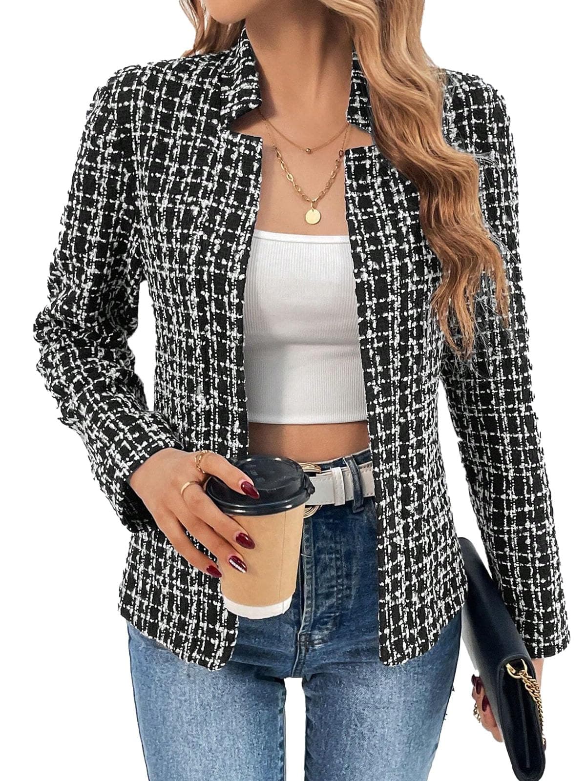Mina Self 2026 Summer Women's Open Front Tweed Blazer - Lightweight Plaid Stand Collar Lined Casual Trendy Work Office Jacket