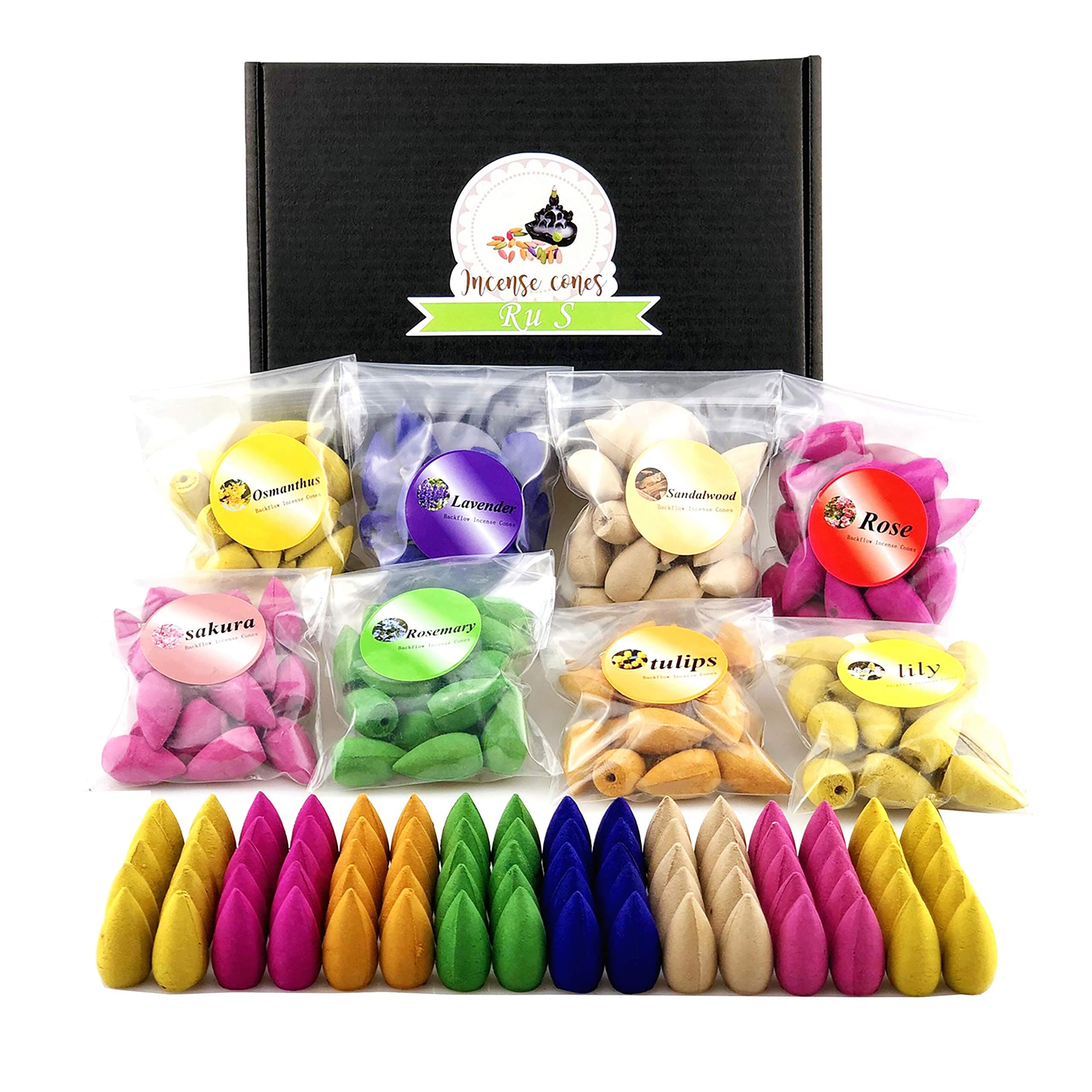 Ru S 160 Pcs Backflow Incense Cones 8 Mixed Natural Scents Sandalwood Rose Lily Tulips Rosemary Lavender Sakura Osmanthus