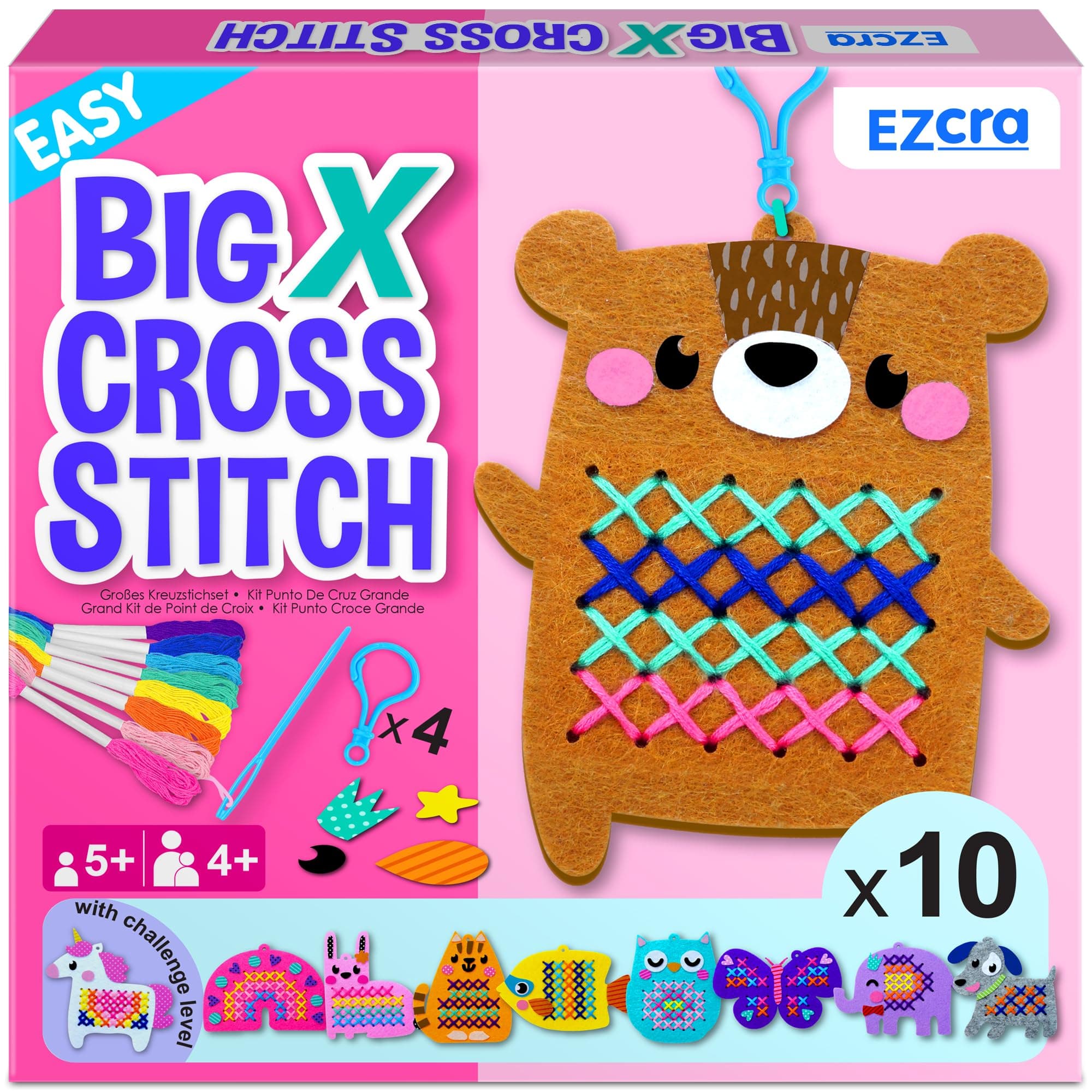 EZCRA Beginner Needlepoint Cross Stitch Kit for Kids Ages 5-8 – Easy Embroidery Starter Set with Jumbo Plastic Needles, Pre-Printed Patterns, Instructions – DIY Arts & Crafts for Girls & Boys