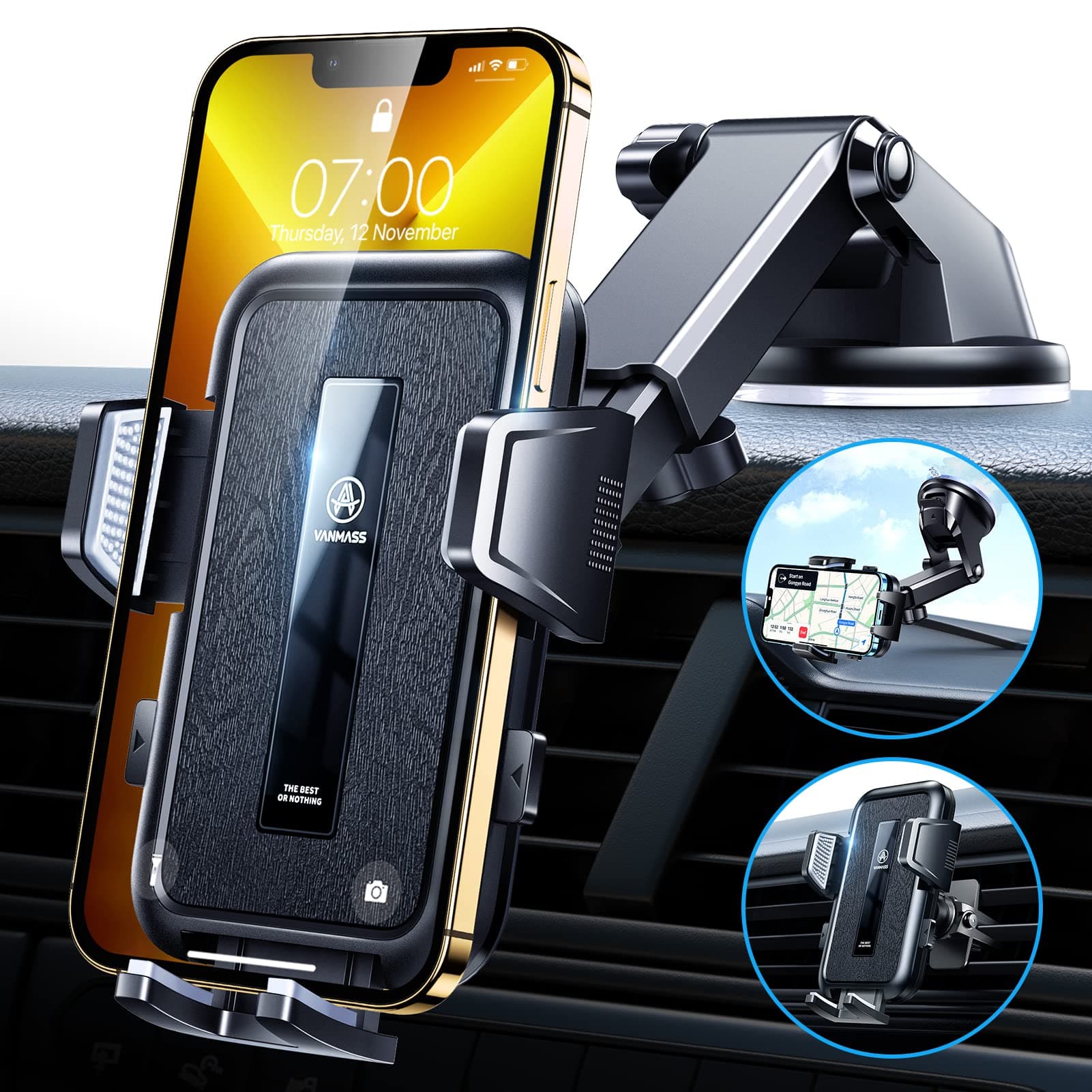 VANMASS High-end Max Upgrade Car Phone Holder【Large Phone & Thick Case Friendly】 Super Suction Mobile Automobile Cradle Van Dashboard Windscreen Vent Mount for iPhone 17 Pro Max 16 15 14 13 Samsung