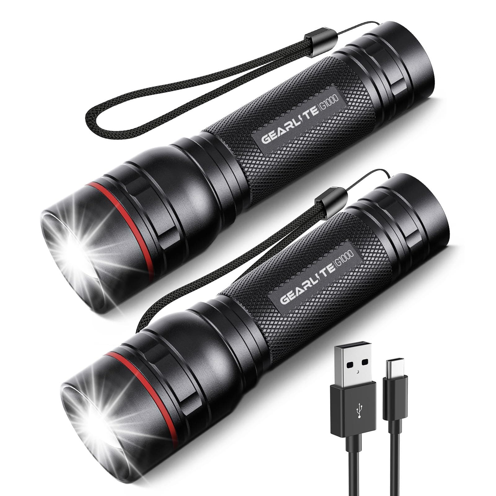 GEARLITE LED Torch Rechargeable, 2 Pack 2000LM Super Bright Adjustable Focus Flashlight, 3 Lighting Modes, Long Battery Life, Waterproof Pocket Size Torch for Power Cuts, Emergency
