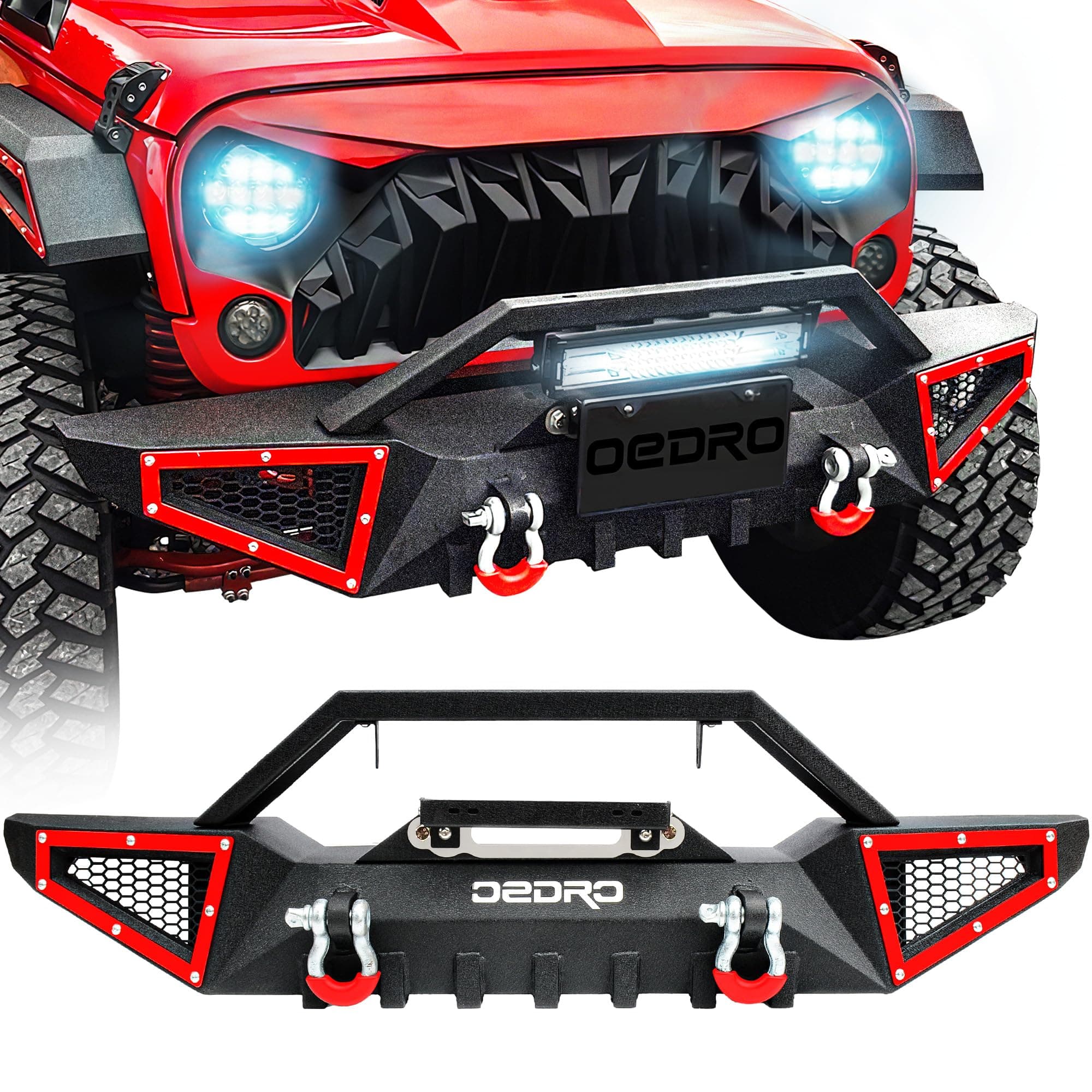 OEDRO Front Bumper Compatible with 2007-2025 Jeep Wrangler JK/JKU JL/JLU Gladiator JT, Rock Crawler Off Road Full Width Bumper with Winch Plate Mounting & 2 x D-Rings