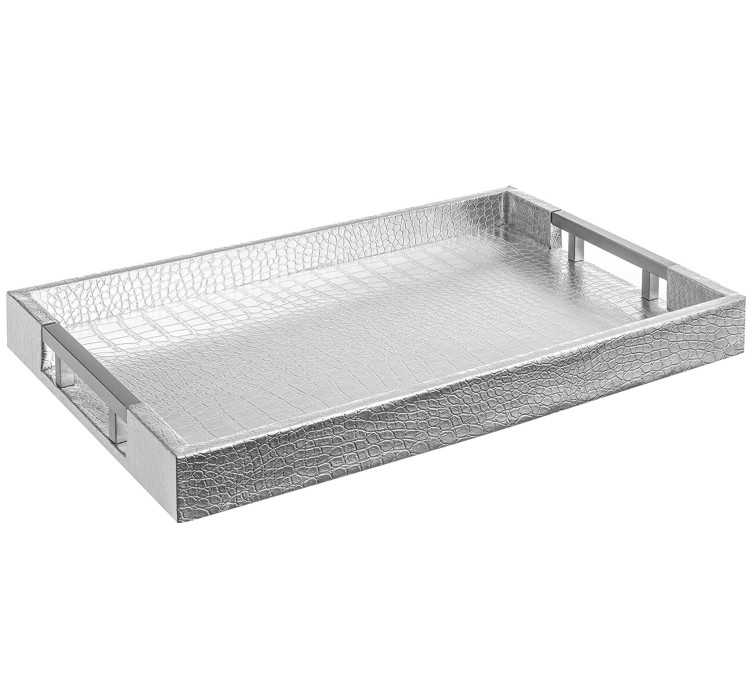 Beautiful Modern Elegant 18"x12" Silver Rectangle Glossy Alligator Croc Decorative Ottoman Coffee Table Perfume Living Room Kitchen Serving Tray With Metal Handles By For All Occasion's