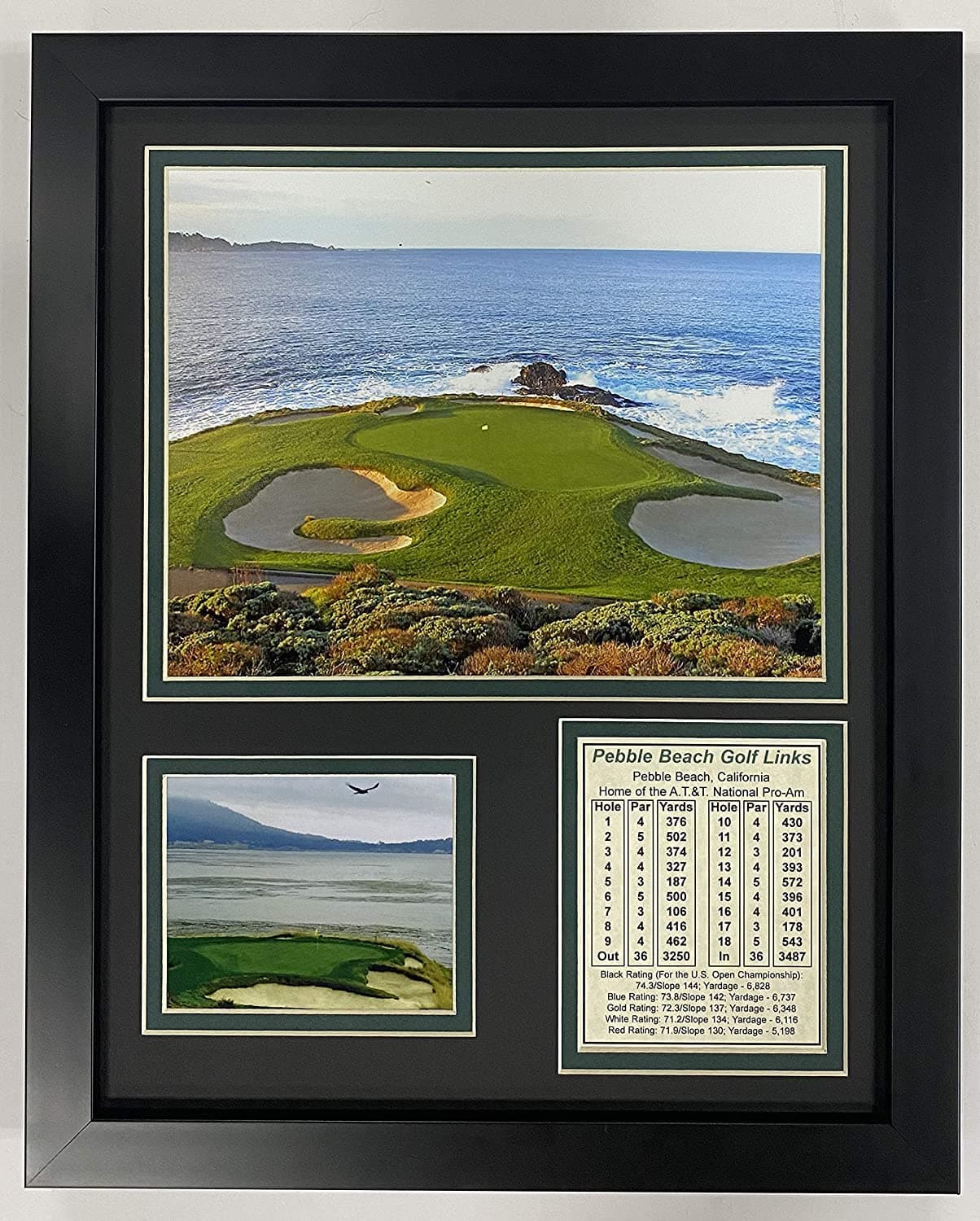 Legends Never Die Pebble Beach Hole #7- The U.S. Open Collectible | Framed Photo Collage Wall Art Decor - 12"x15", Black