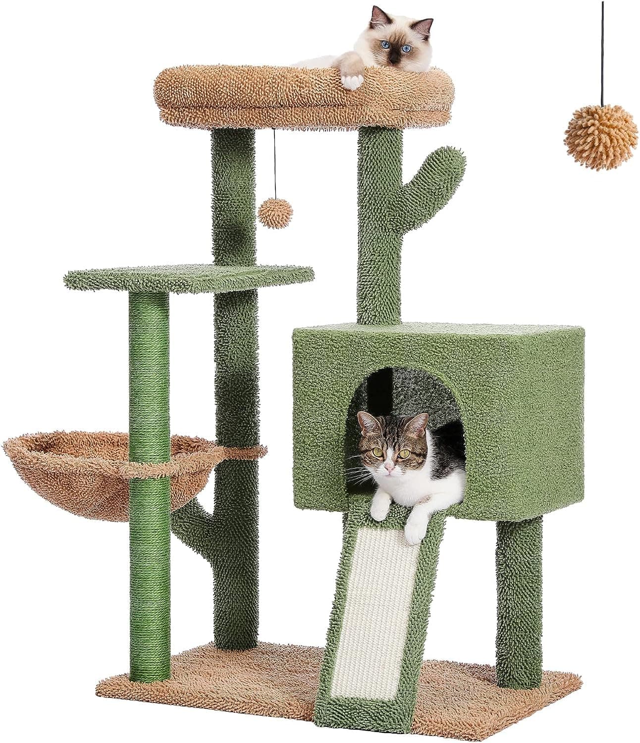 104 cm Cactus Cat Tower with Sisal Covered Scratching Post and Cozy Condo for Indoor Cats, Cat Climbing Stand with Plush Perch &Soft Hammock for Multi-Level Cat Play House (Large Condo)