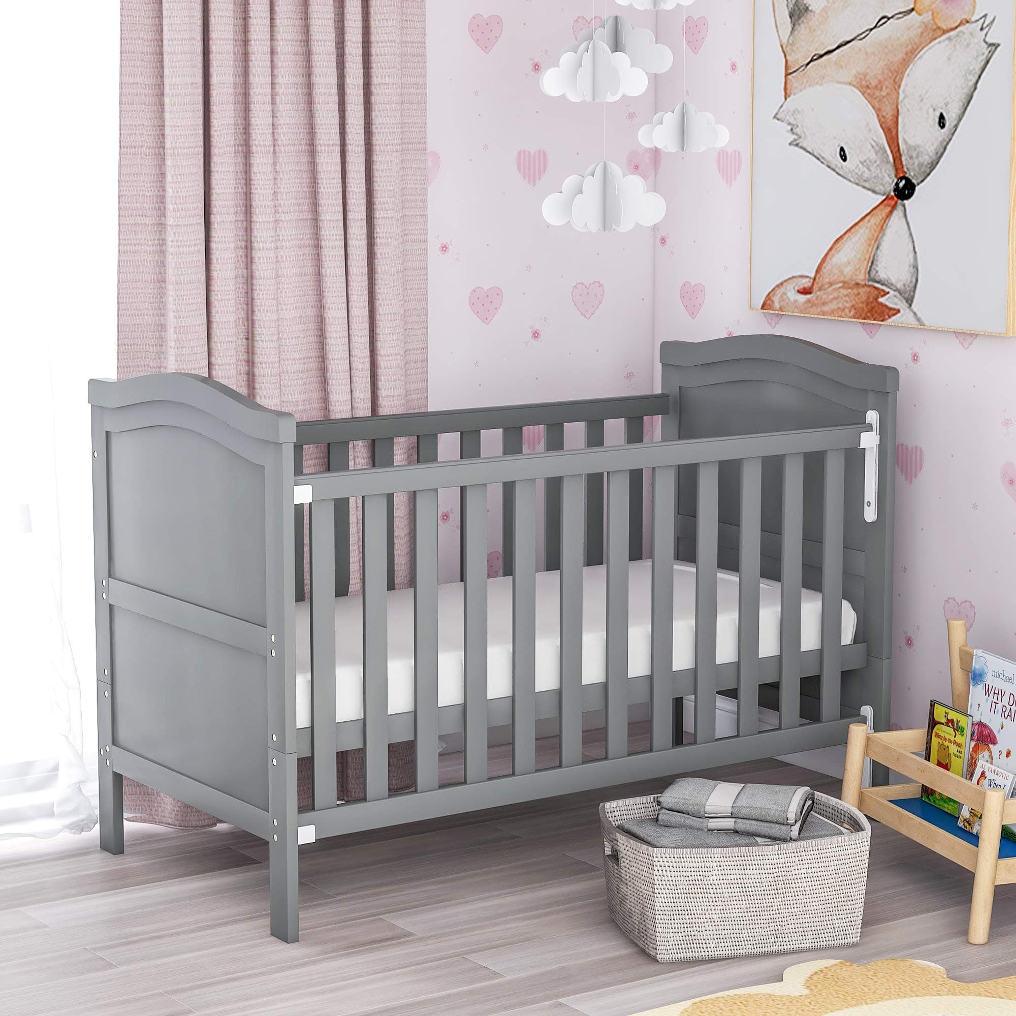 Solid Wooden Baby Cot Bed Toddler Junior Bed with Foam Mattress, Single-Handed Dropside, Teething Rails and Safety Barrier (Grey)