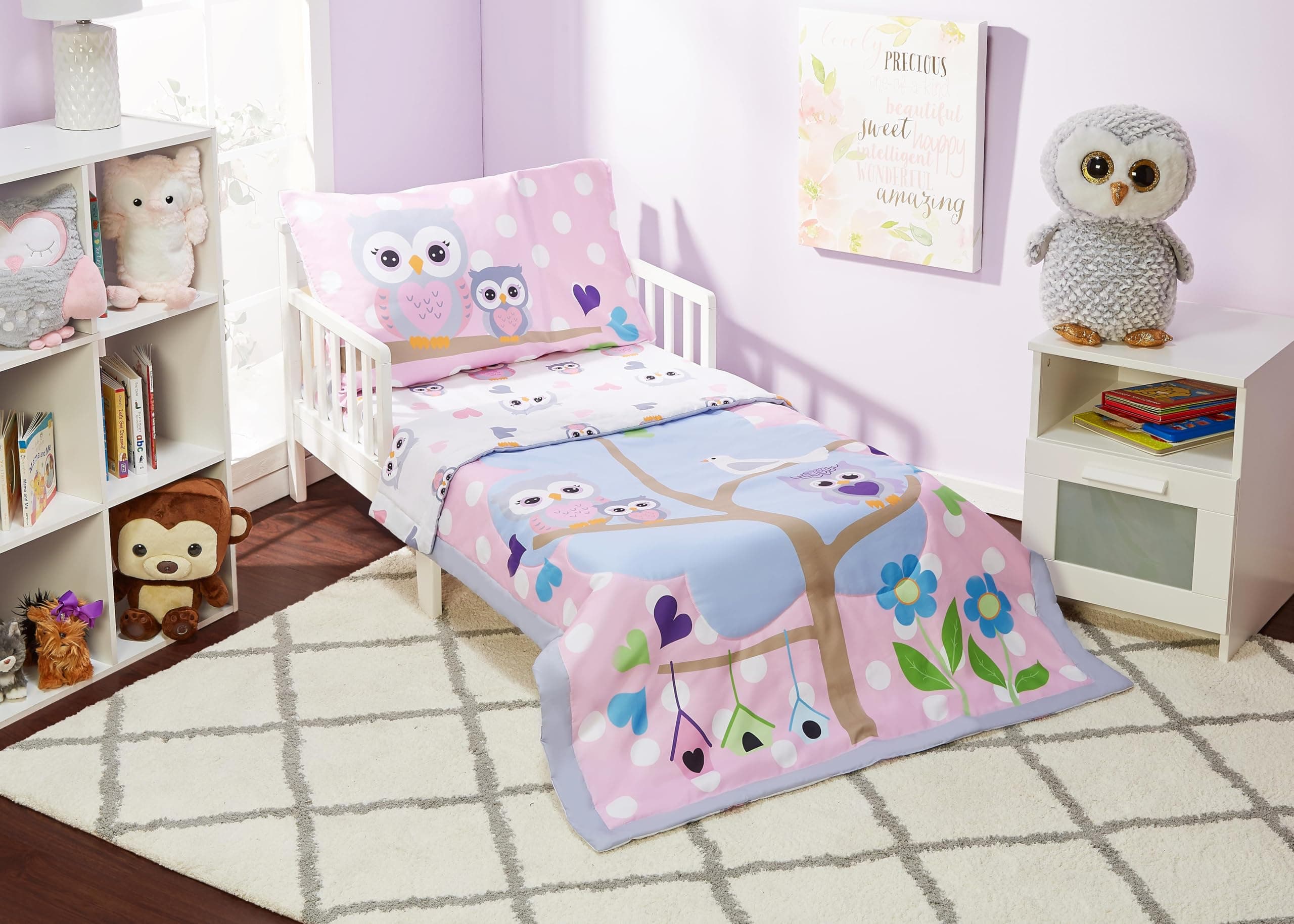 4 Piece Toddler Bedding Set - Owls - Soft 100% Cotton Percale - Includes Comforter, Flat Sheet, Fitted Sheet and Reversible Pillowcase