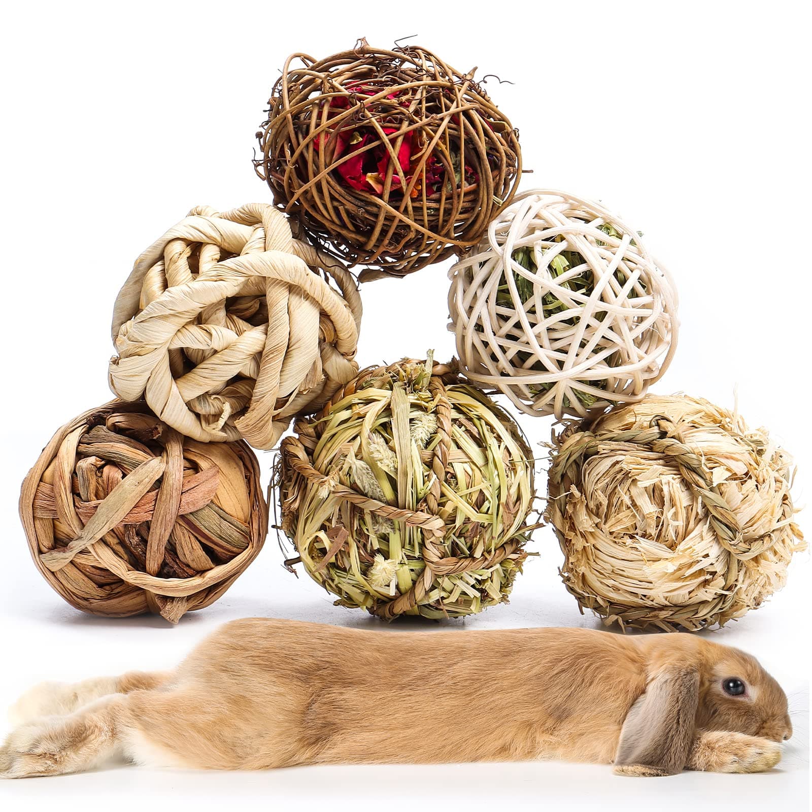Small Animals Play Balls, Chew Grass Balls & Rolling Chew Toys for Bunny, Improve Pets Dental Health for Rabbit, Chinchilla, Guinea Pigs, Hamsters, Gerbils, Rats, Mice (6 Pieces)