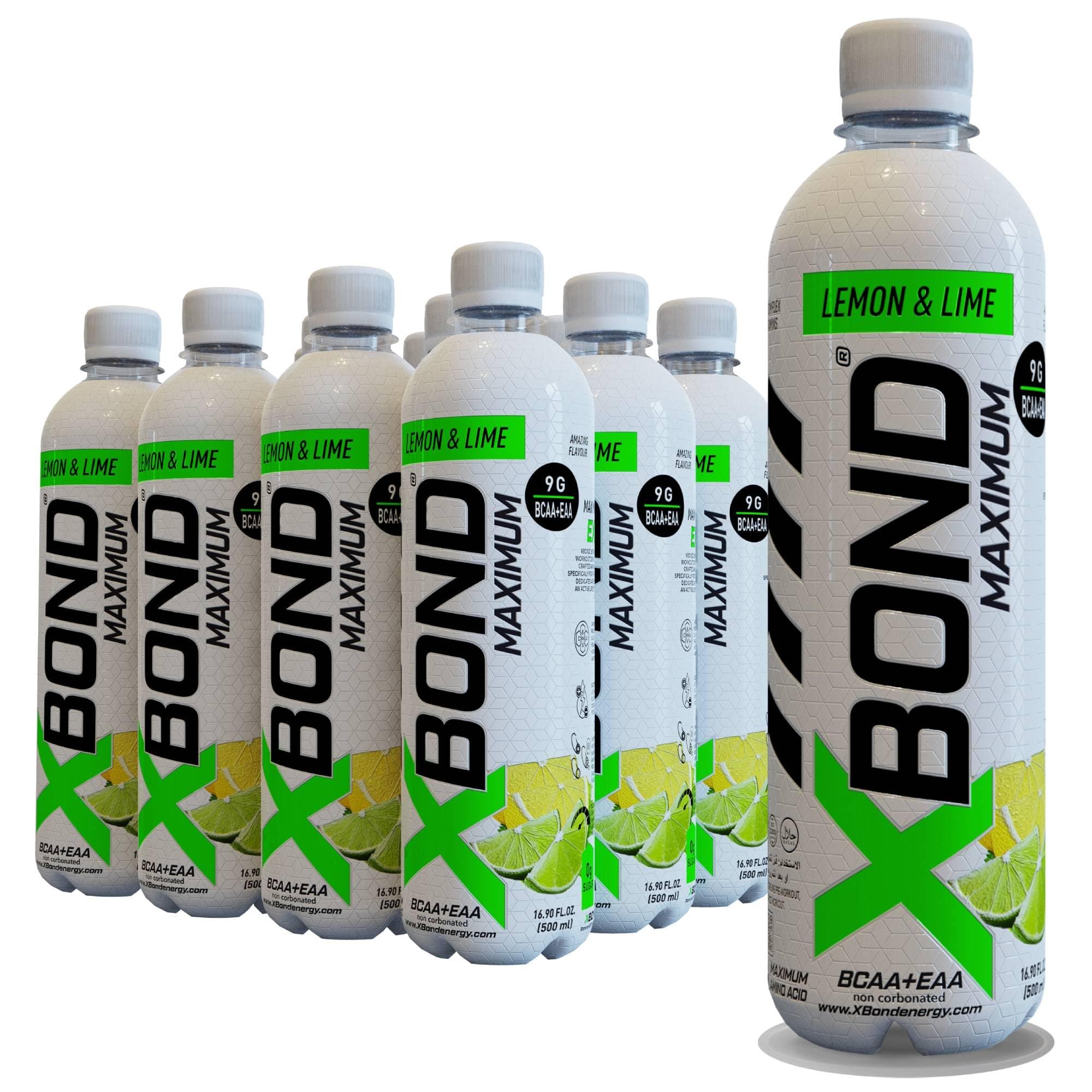 X-BOND Maximum Recovery Lemon & Lime Non Carbonated Drink Maximum Amino Drink - 9g BCAA + EAA Electrolytes - 16 fl oz (500 ml), Sugar Free 34 Calories, f Pack of 12