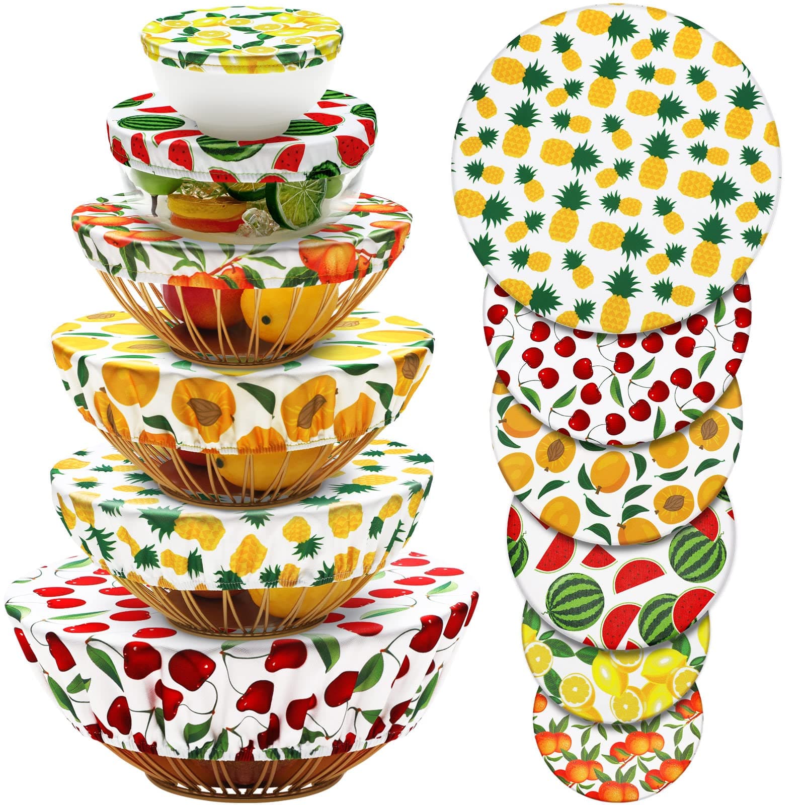 CHENGU12 Pcs Reusable Bowl Covers Bulk Elastic Cloth Fabric Bowl Cover for Bread Proof Rising Sourdough 5 Size Dish Food Stretchy Storage Cover (Bright Color,Fruit Style)