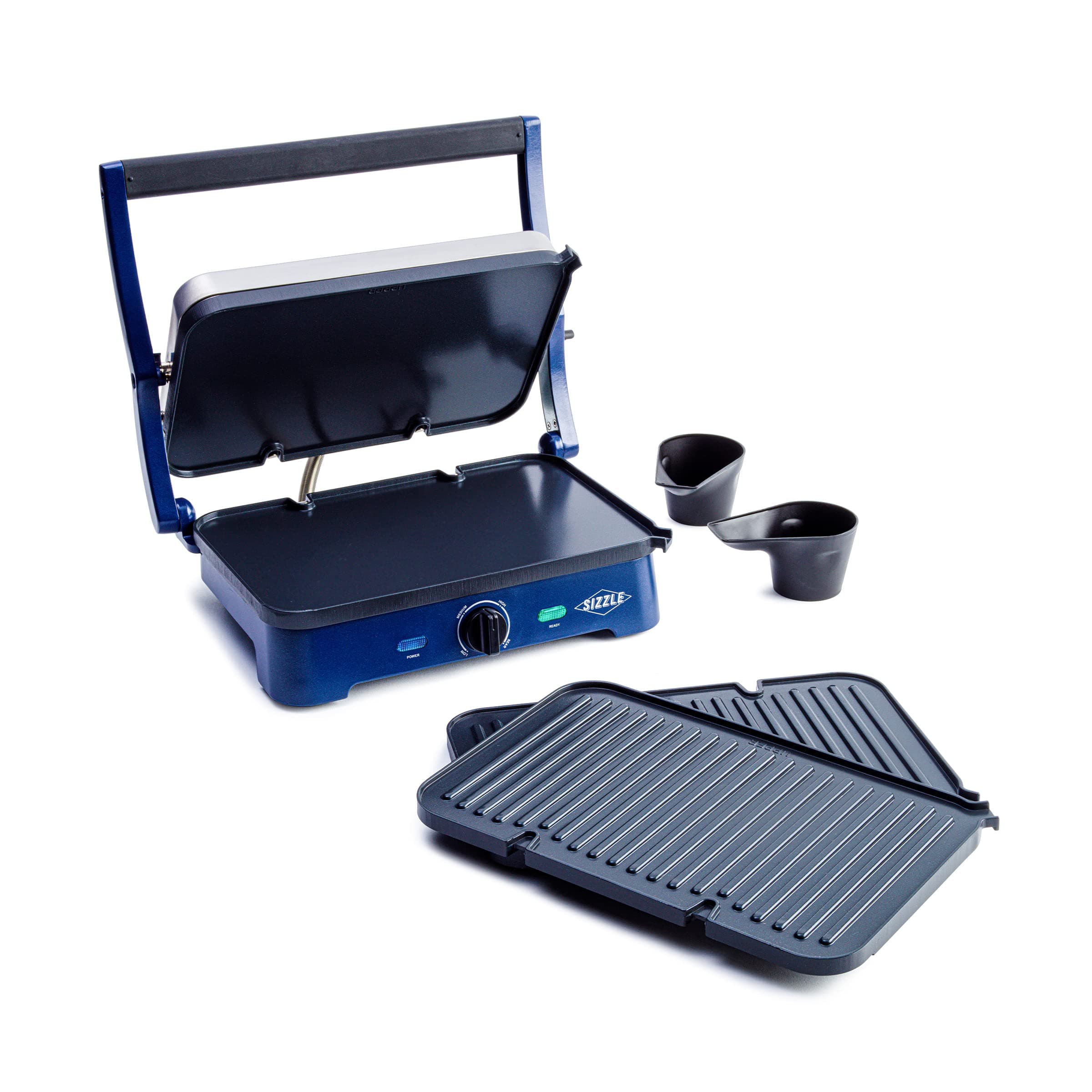Blue Diamond Blue Diamond Ceramic Non-Stick Electric Contact Sizzle Grid with Grid and Waffle Plate, Clear Flat Design, Dishwasher Safe Removable Plates, Adjustable Temperature Control, PFAS Free,