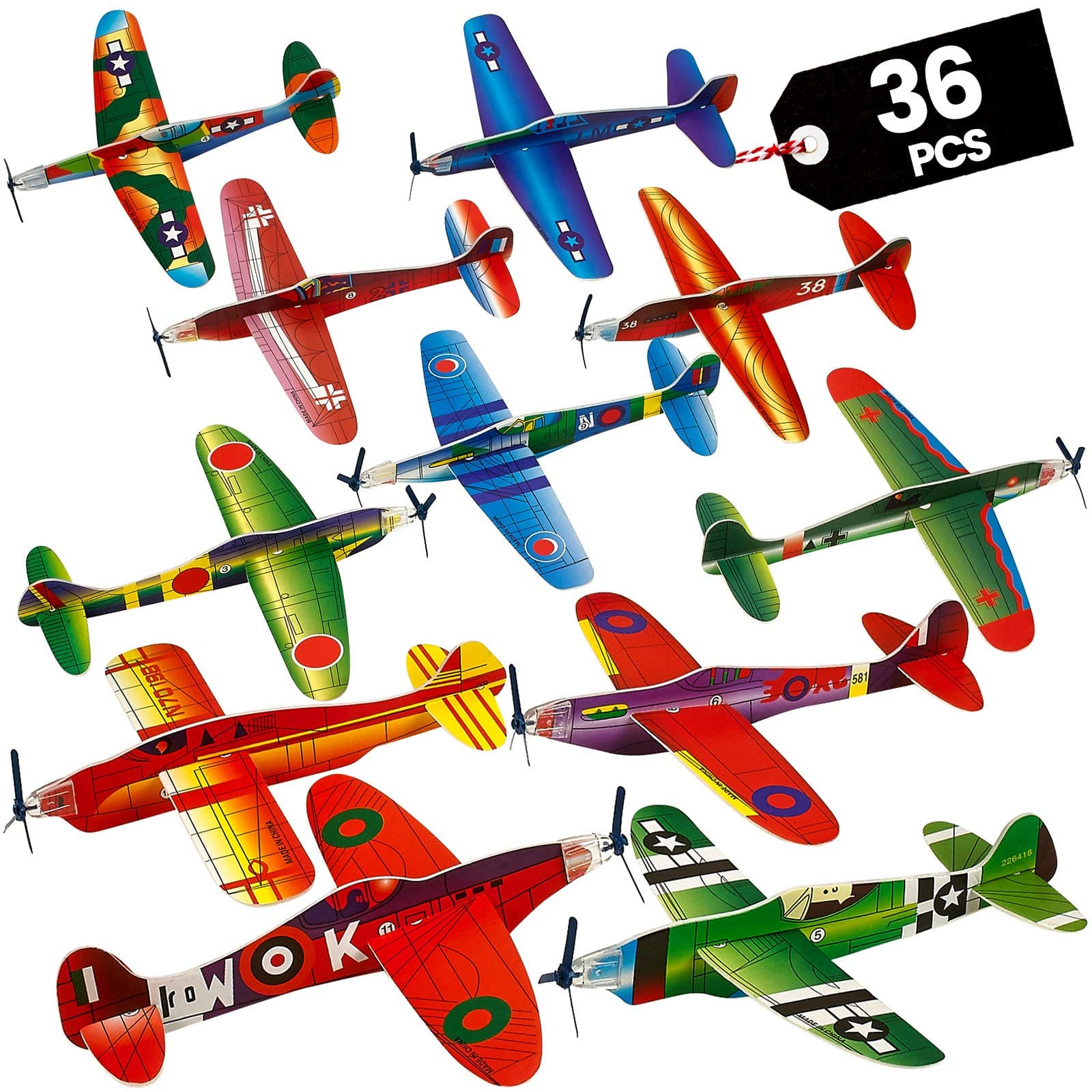 Bedwina Glider Planes Bulk (36-Pack) 8-Inch Bomber Airplane Gliders for Kids, Foam Paper Airplane Construction Kits for Kids Party Favors, Birthdays, Goodie Bag Stuffers and Outdoor Flying Toy
