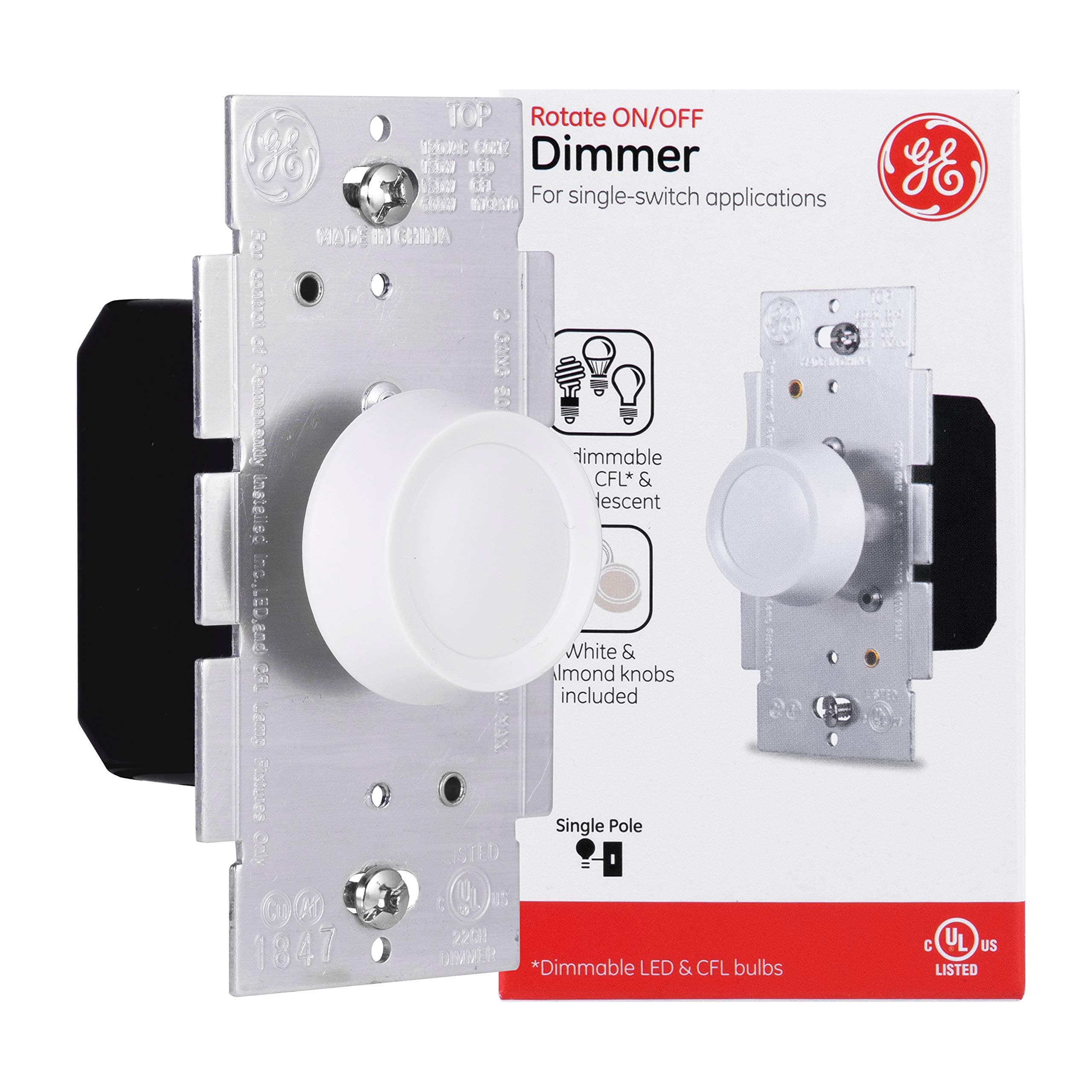 Dimmer, Single Pole, Rotate On/Off, 1 White/1 Lt Almond K