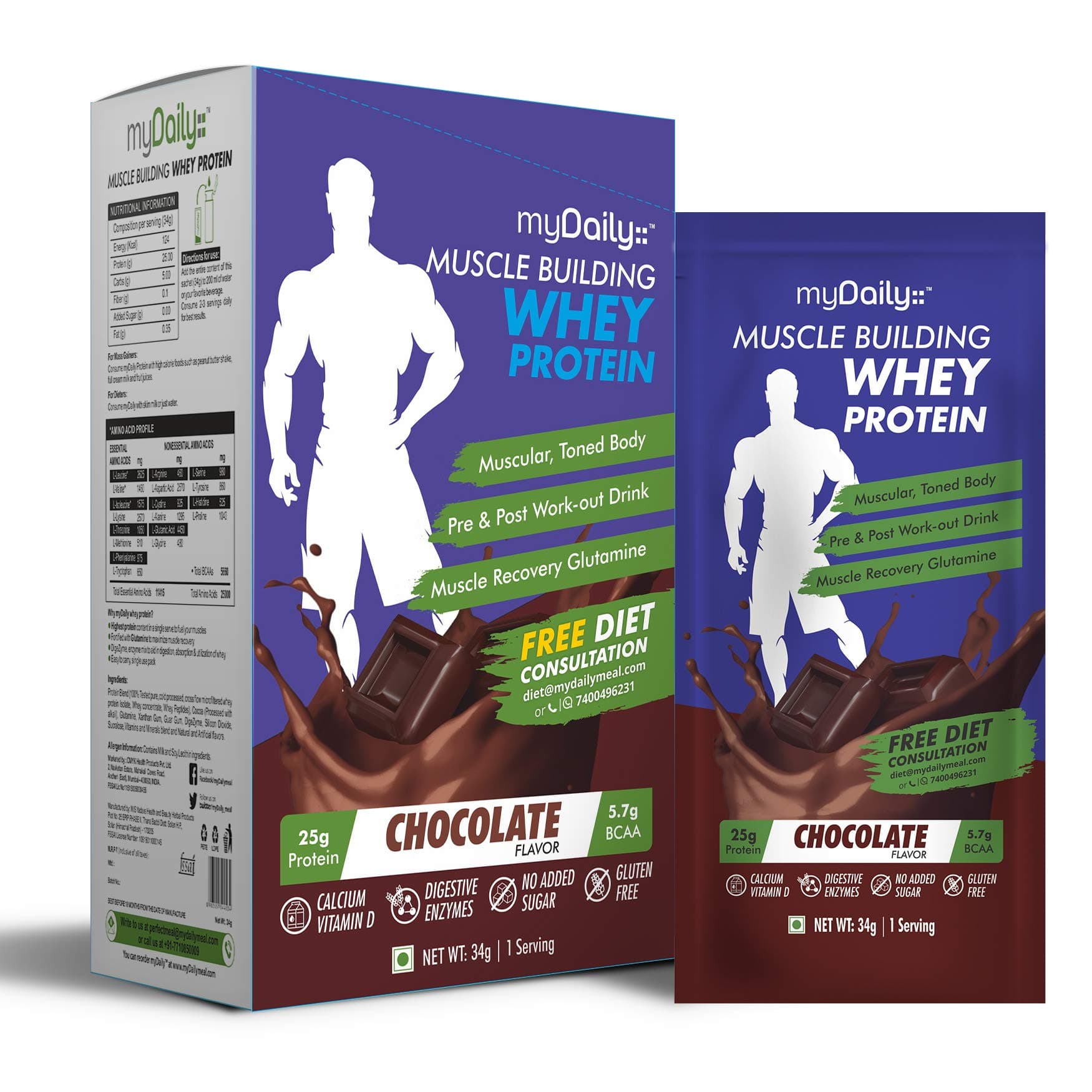 myDaily 100% Whey Protein Isolate & Concentrate Pack of 7 (Chocolate, 0.24 kg / 0.55 lb), 25g protein, 5.7gm BCAAs, Glutamine