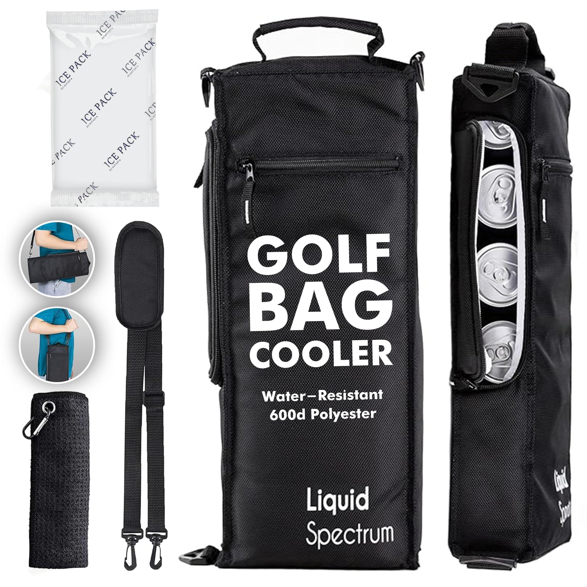 Golf Cooler Bag with Golf Towel and Ice Pack by Liquid Spectrum - Insulated Slim Soft Golf Bag Cooler for 6pack Cans, Portable Drink Cooler for Camping Discreet Golf Accessories for Golfers
