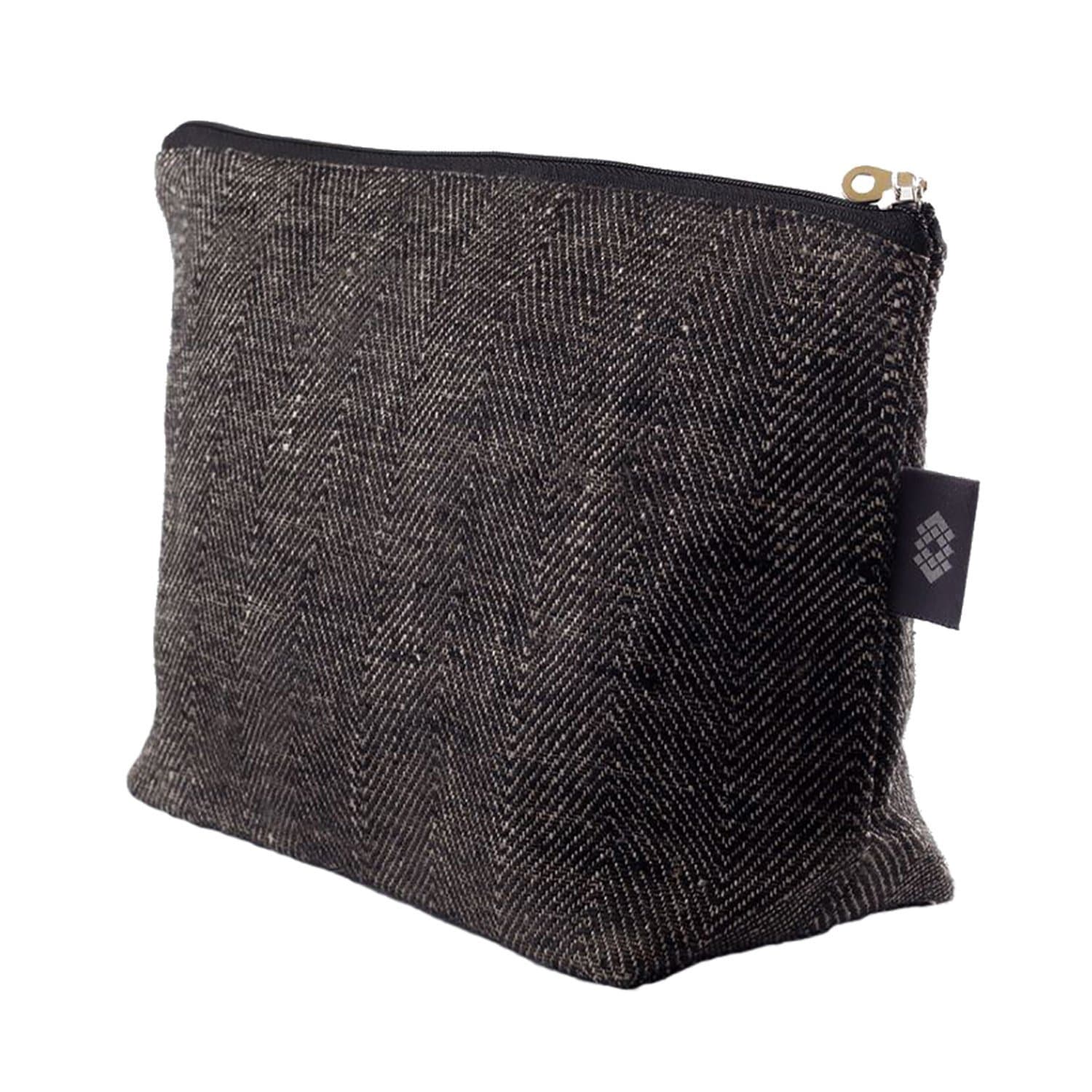 Handmade Large Black Makeup Bag - 100% Linen Flax Fabric | 2 Pockets Inside | Cosmetic Canvas Case Toiletry Travel Zipper Pouch | Handcrafted by ThingStore