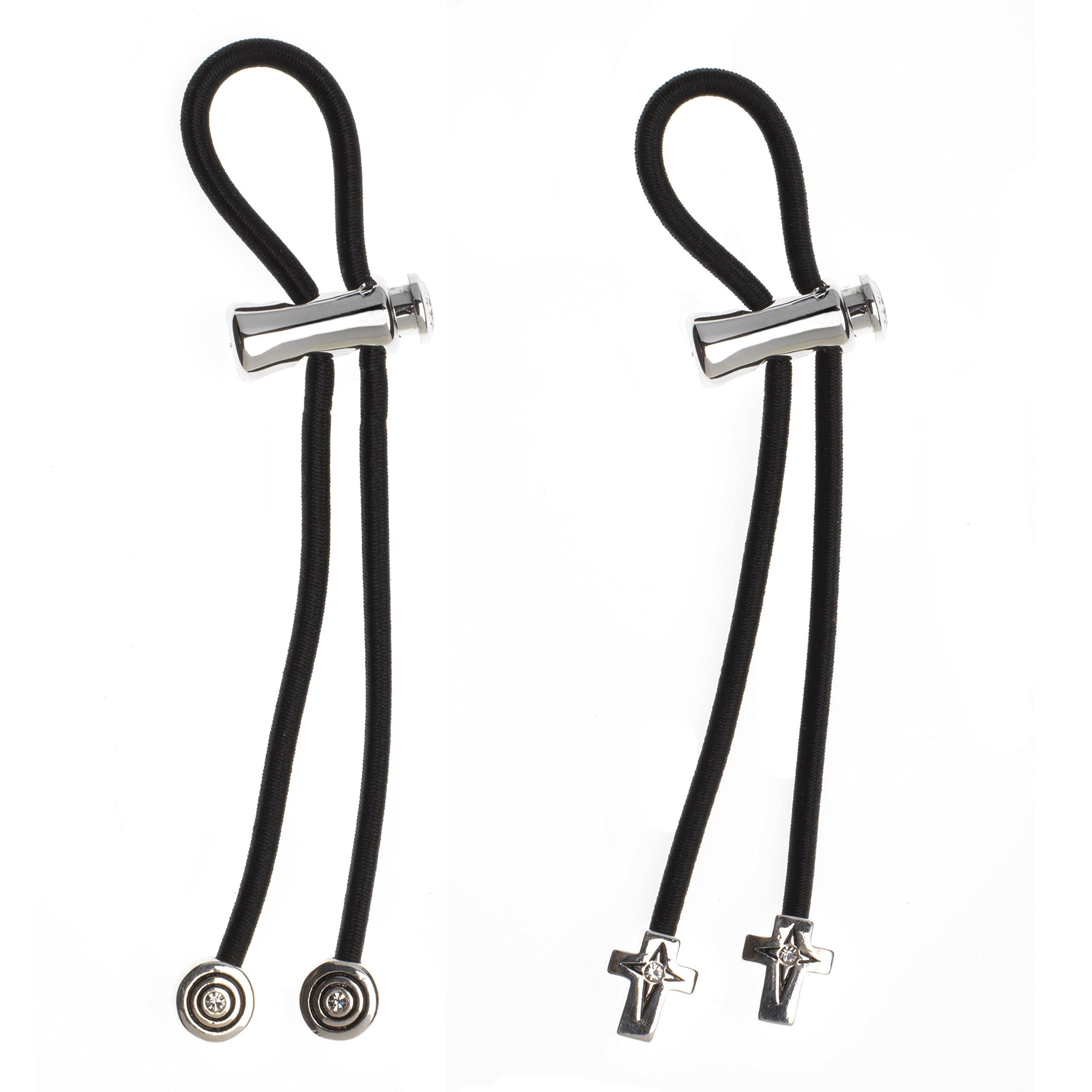 Hair Tie – Pulleez Sliding Elastic Hair Accessory – Double Pack – (1) Silver Circle with Crystal Detail, (1) Silver Cross with Crystal Detail