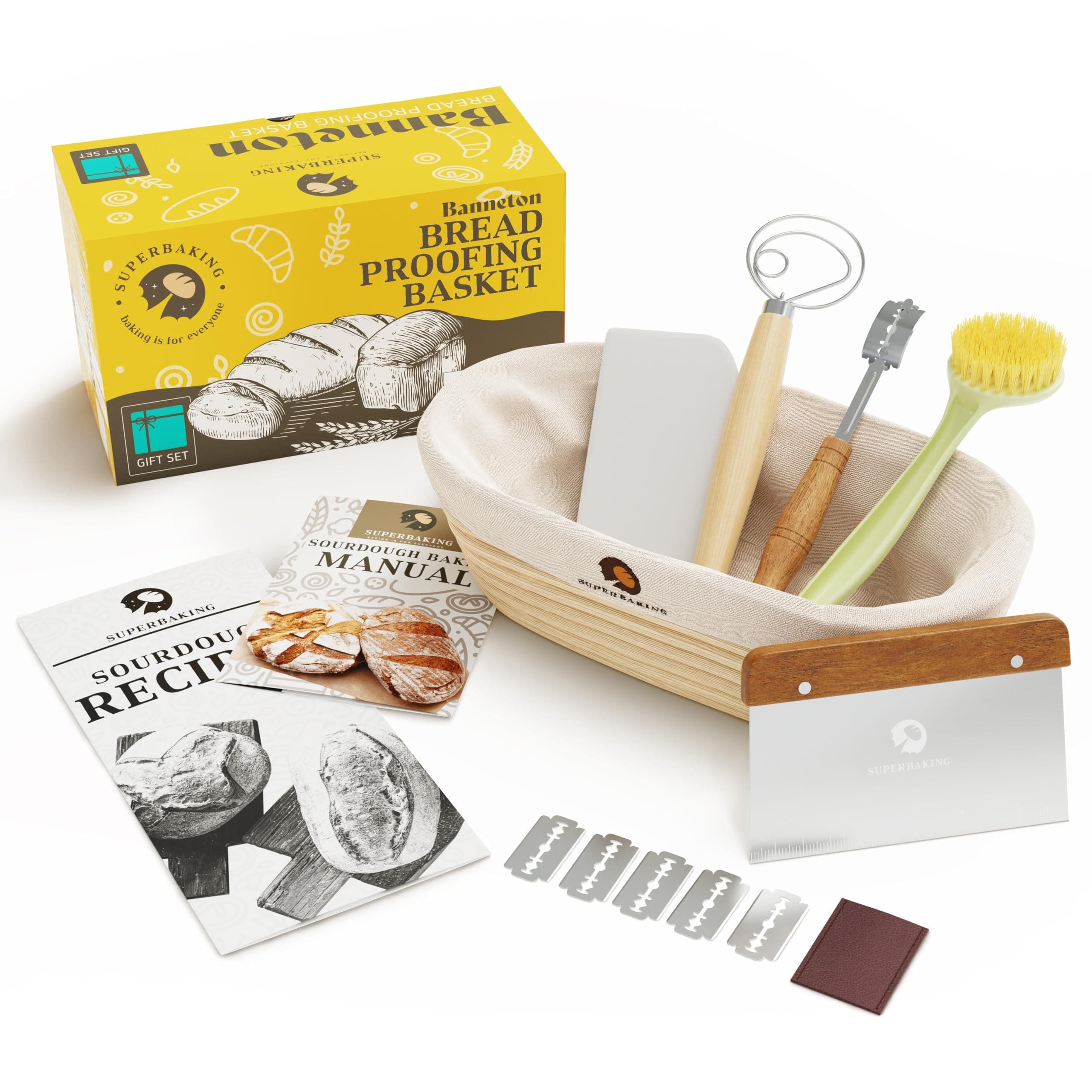 Superbaking 10" Oval Banneton Bread Proofing Basket Gift Set – Sourdough Starter Kit for Crusty Artisan Style Loaves, Includes Essential Bread Baking Supplies & Tools - Ideal Gift for Bakers
