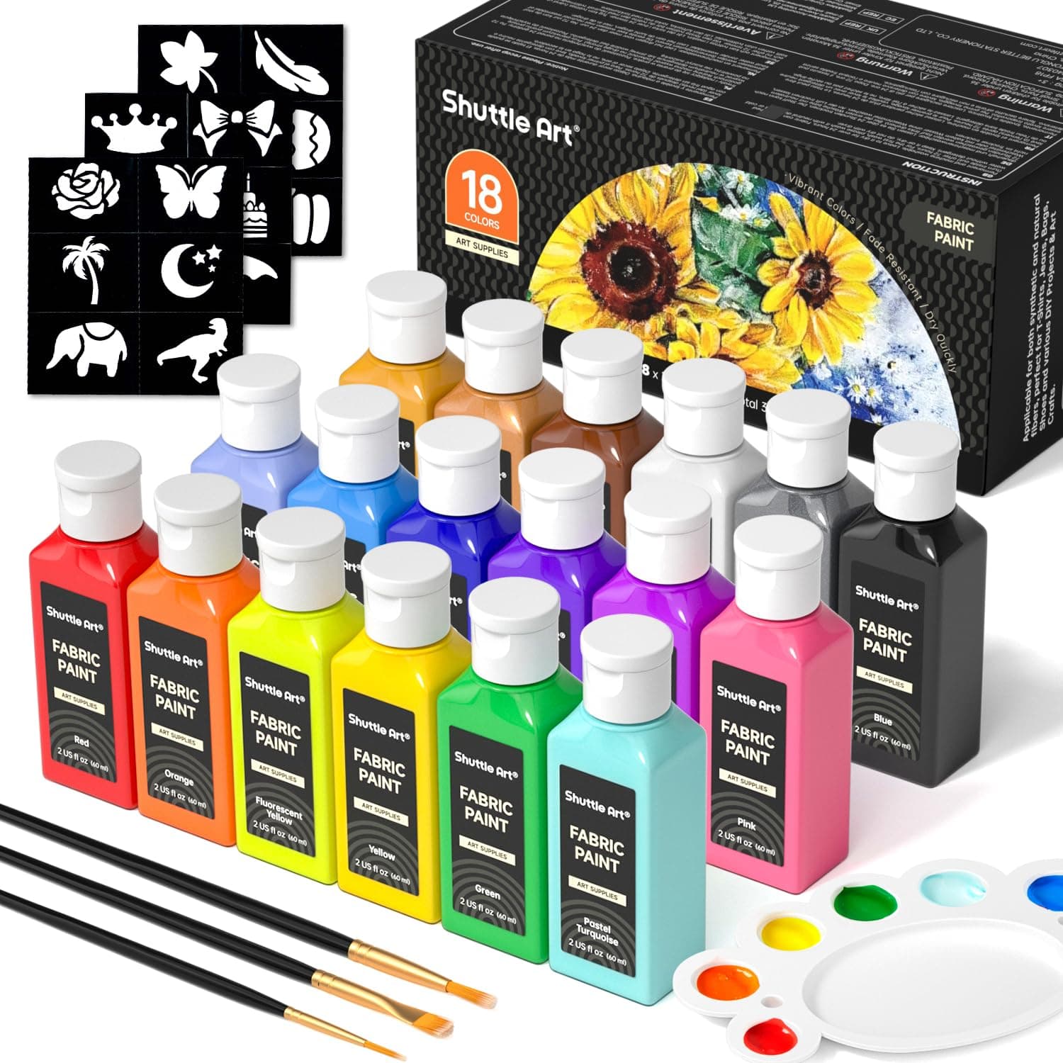 Shuttle Art Permanent Textile Paint, 18 Colors Fabric Paint for Clothes (60ml), Washable Textile Paint Without Heating, Non-Toxic with Brushes, Palette & Templates for T-Shirts, Shoes, Jeans