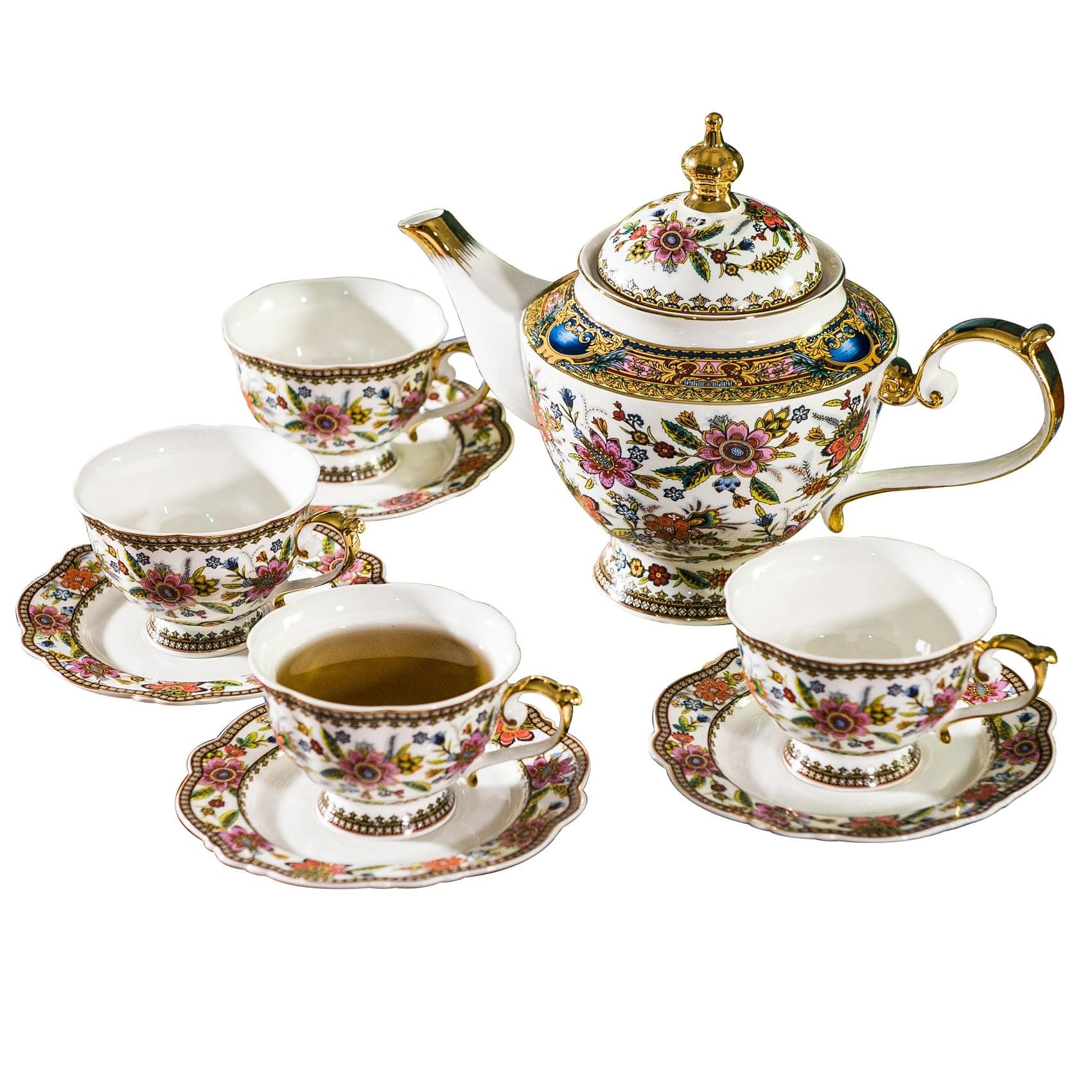 ACMLIFE Fine Bone China Tea Set, British Vintage China Set for Adults 24K Gold, Afternoon Cups and Saucers for Women Tea Party or Gift Giving (Pink and Gold)