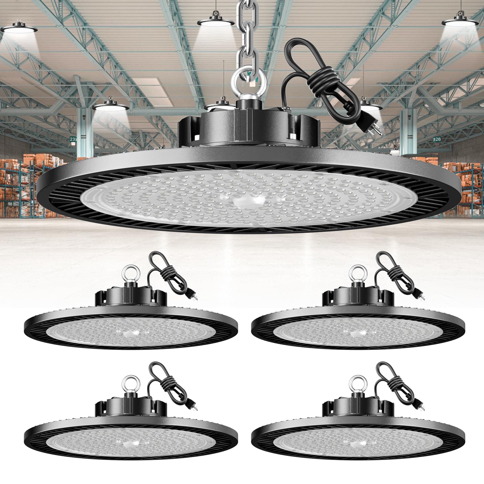 Super Bright 250w Ufo Led High Bay Light 4 Pack,5000k 35000lm High Bay Led Shop Lights With 5' Cable Plug,Hanging Shop Lights Garage Barn Lighting Light With Garage Workshop Factory Barn Warehouse