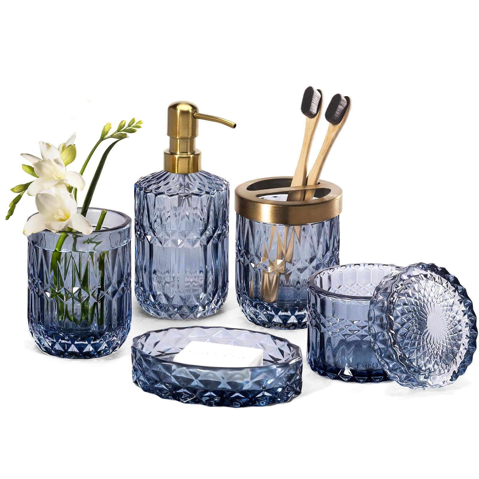 EMPO 6PCS Bathroom Clear Glass Accessories Set (Lotion Soap Dispenser, Soap Dish, Toothbrush Holder, Tumbler, Cotton Swab Jar), Contemporary Modern Decor Crystal Vintage Gift (6pcs Blue)