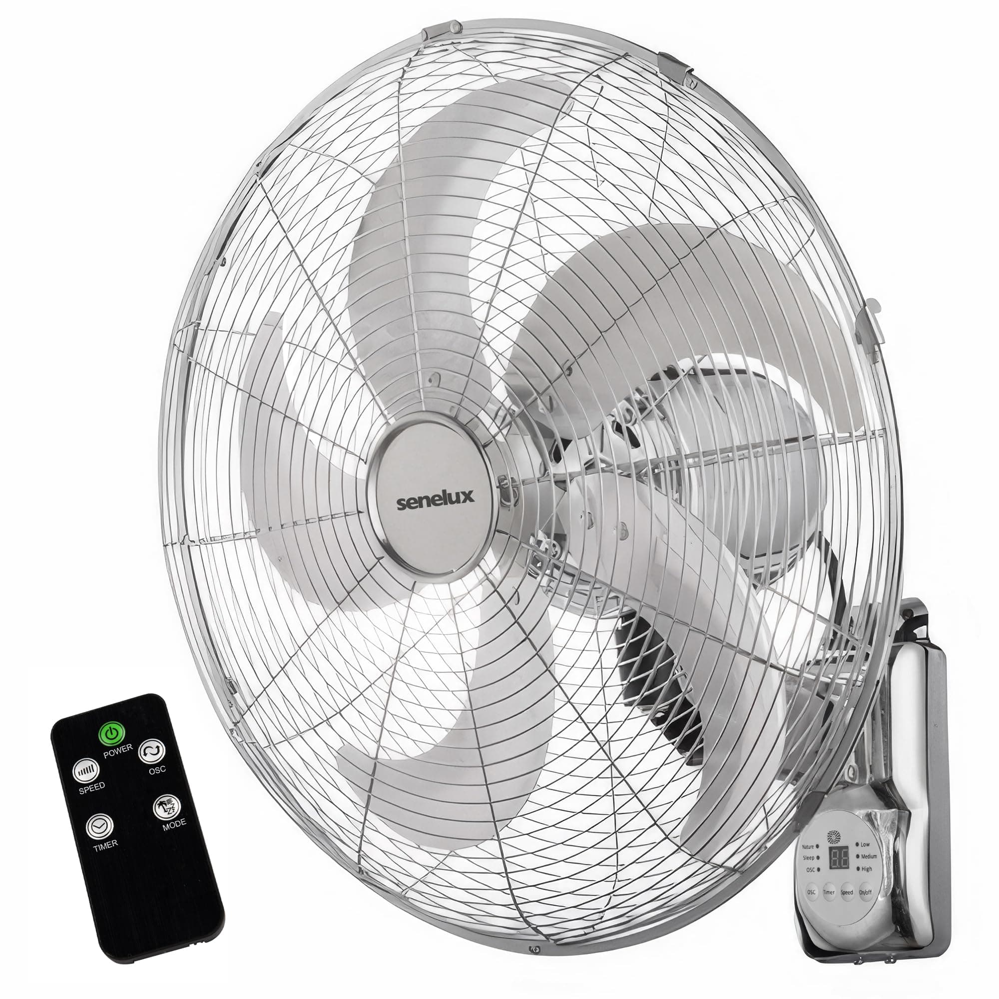 Senelux Wall Fan 16 Inch Wall Mounted 3 Speed Mode 80° Oscillation Fan Tilt Head Easy Install Timer Function Durable Design High Airflow 50w Cooler for Summer Ideal for Home Office Use