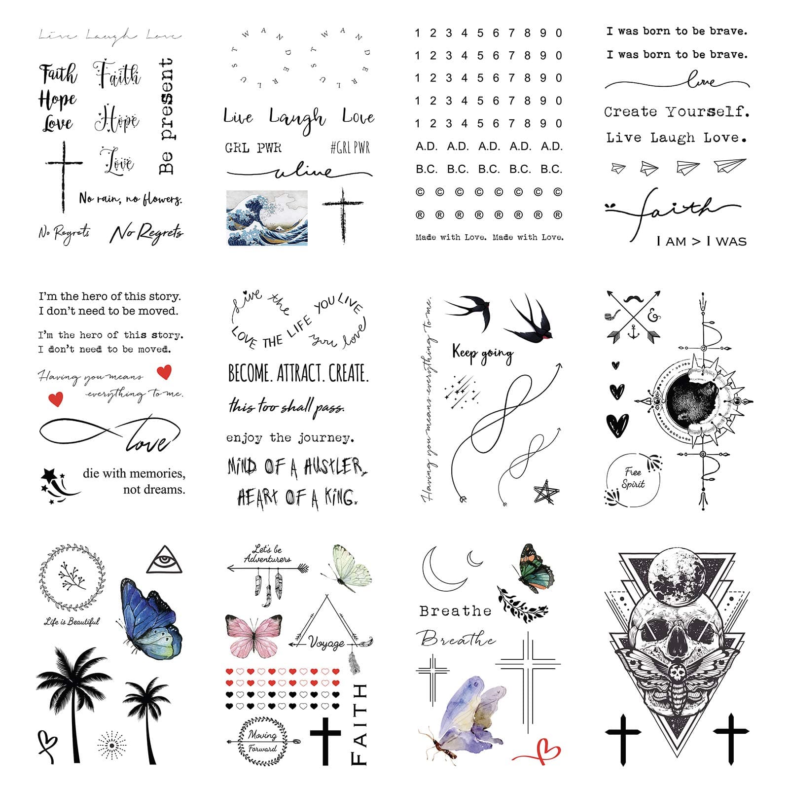 Everjoy Realistic Temporary Tattoos - 16 Sheets, Inspirational Quotes, Live Laugh Love, Faith, Hope, Breathe, Boho, Butterfly, Heart, Cross, Infinity Tattoos