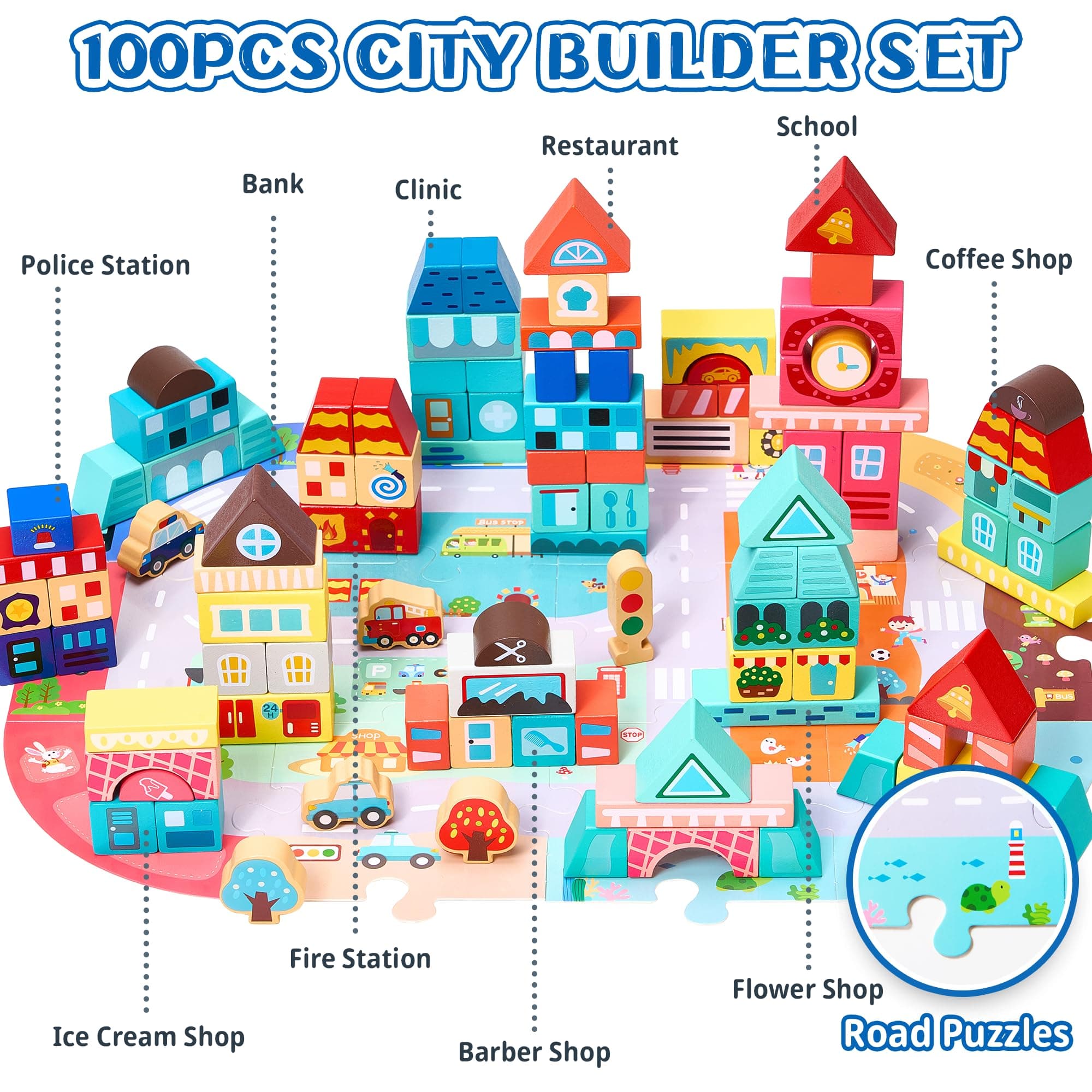 VigorFun Wooden Blocks - 100 Pcs - Building Blocks for Toddlers - Includes Stackinig Mannul - Little City Builder Wood Blocks - Preschool Learning Toys Stacking Block