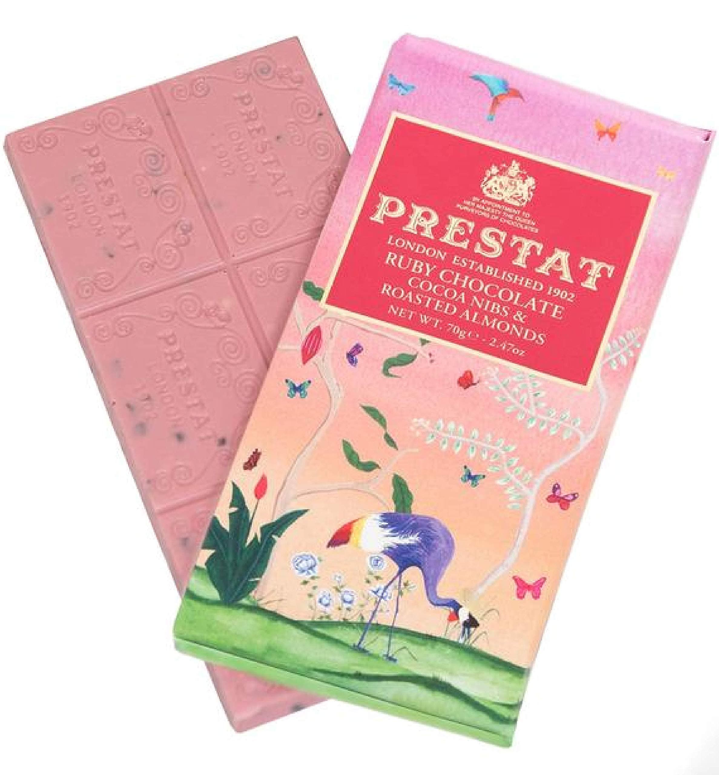 Prestat Ruby Chocolate Bar with Cocoa Nibs & Roasted Almonds 70g