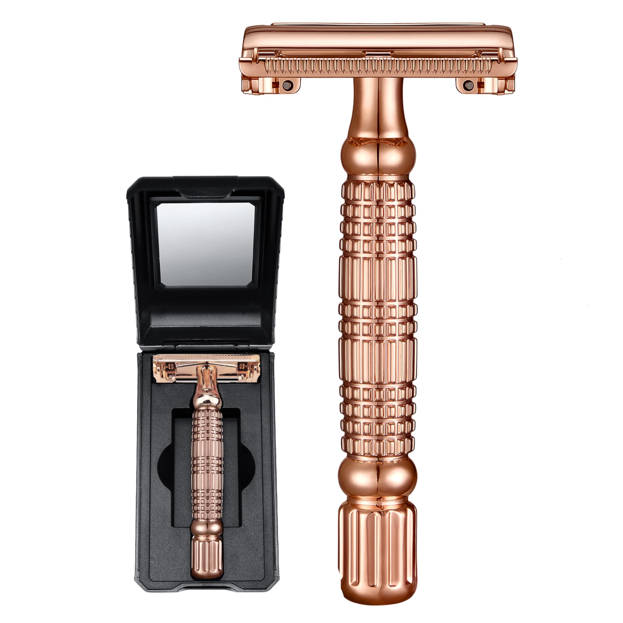 Butterfly Double Edge Safety Razor Rust-proof Reusable Manual Wet Shaving for Men Women with Mirrored Travel Case Rose Gold BD177C