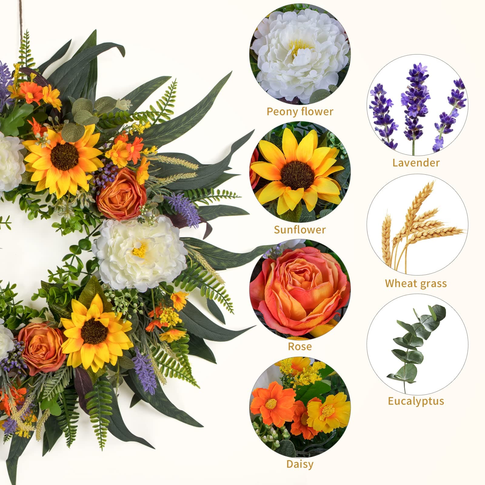 Kmise Spring Wreath Fall Decor Wreath for Front Door-22 Inch Summer Peony Eucalyptus Wreaths for Front Porch Farmhouse Home Decor