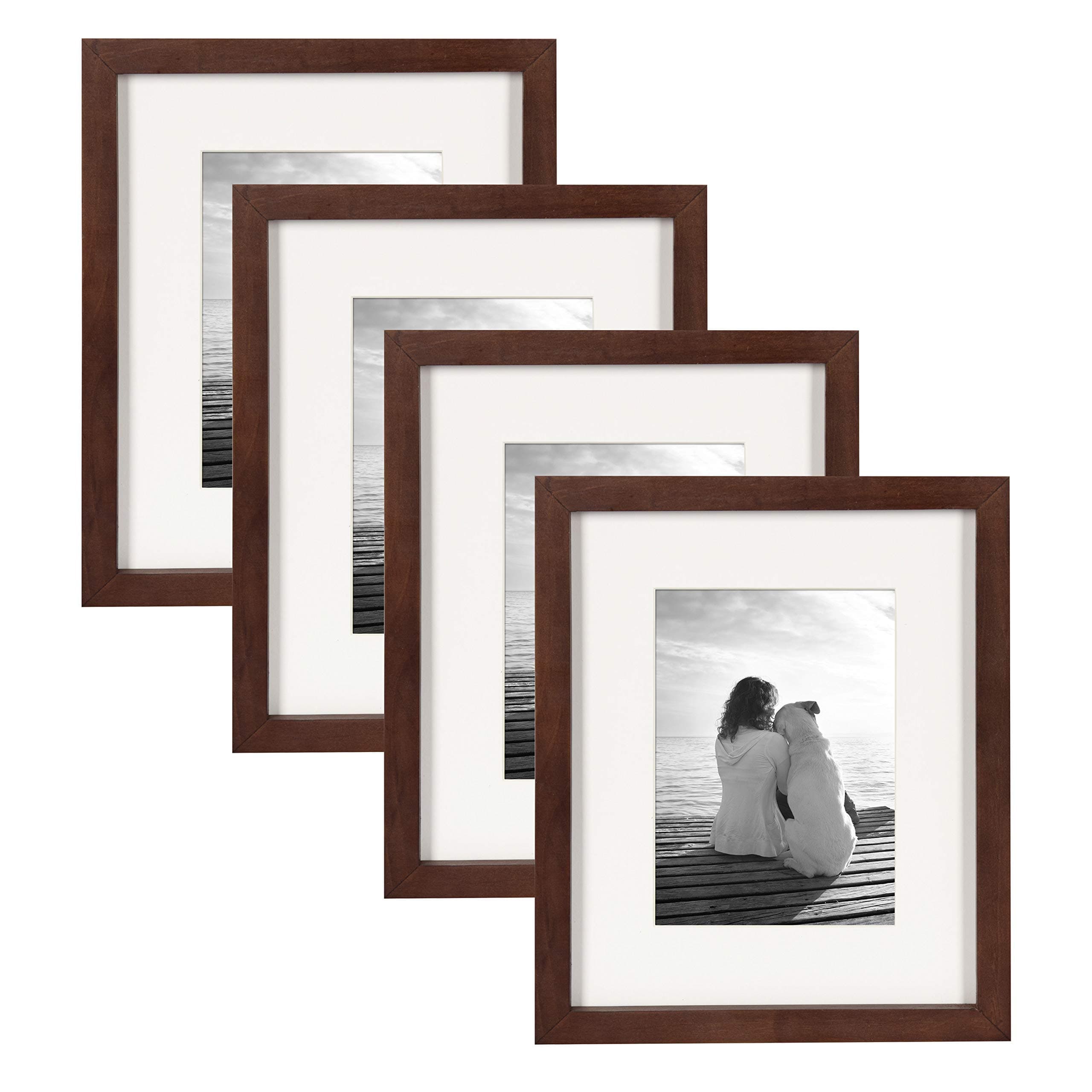 DesignOvation Gallery Wood Photo Frame Set for Customizable Wall or Desktop Display, Walnut Brown 8x10 matted to 5x7, Pack of 4