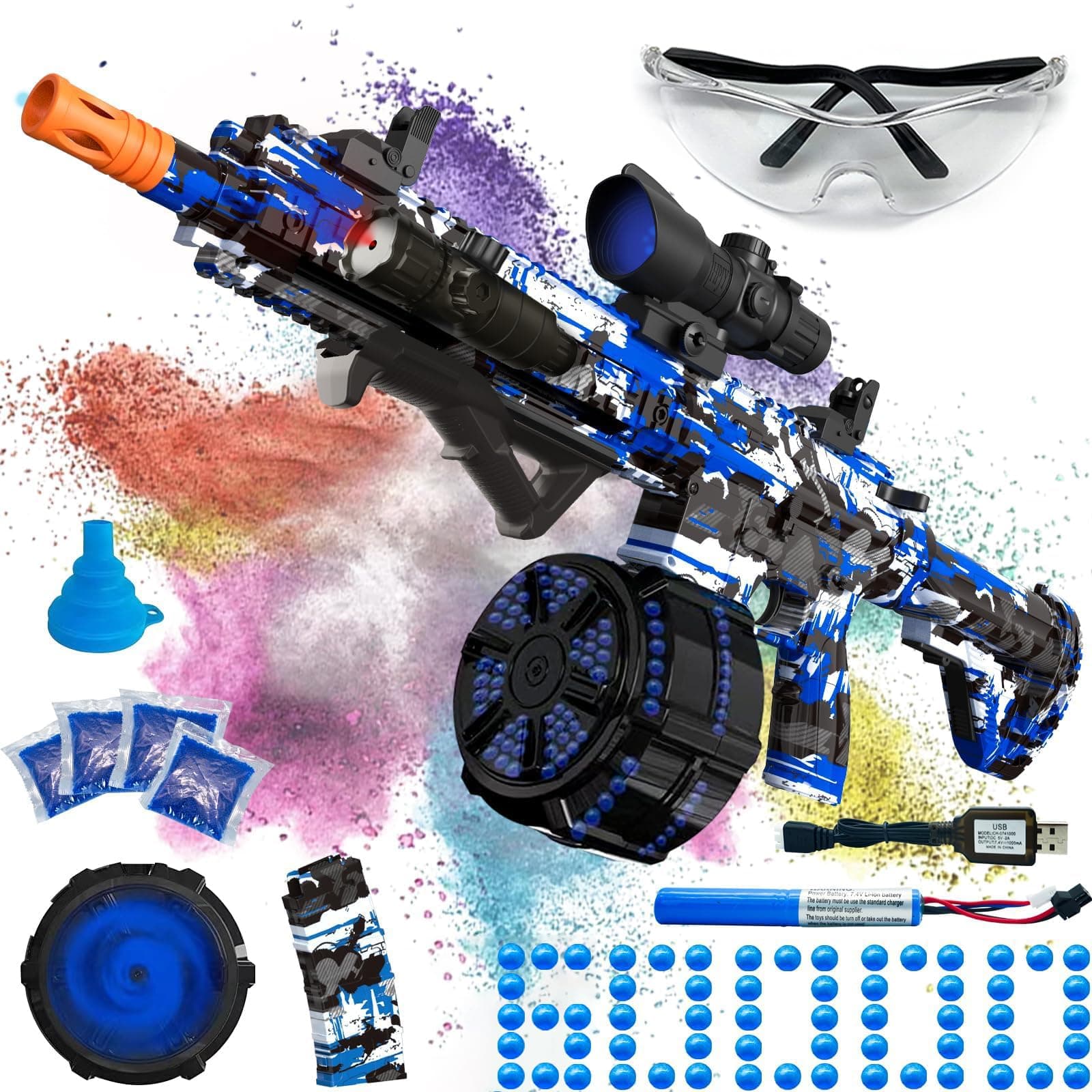 Electric Gel Ball Blaster, High Speed Automatic Splatter Ball Blaster with 60000+ and Goggles, Rechargeable Splatter Ball Toys for Outdoor Activities Shooting Game Party Favor- Blue