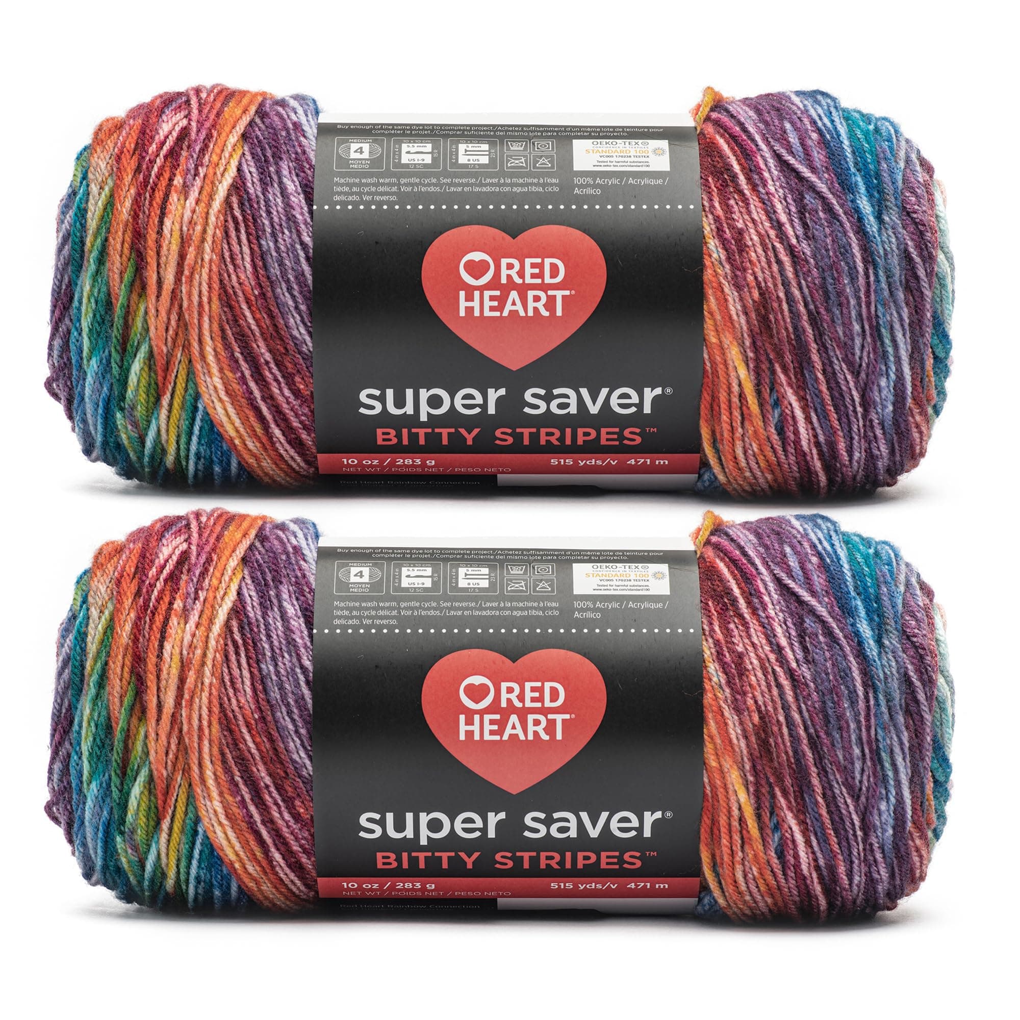 Red Heart Super Saver Bitty Stripes Crayon Box Yarn - 2 Pack of 10oz/283g - 100% Acrylic - #4 Worsted (Medium) - 515 Yards - Knitting/Crochet