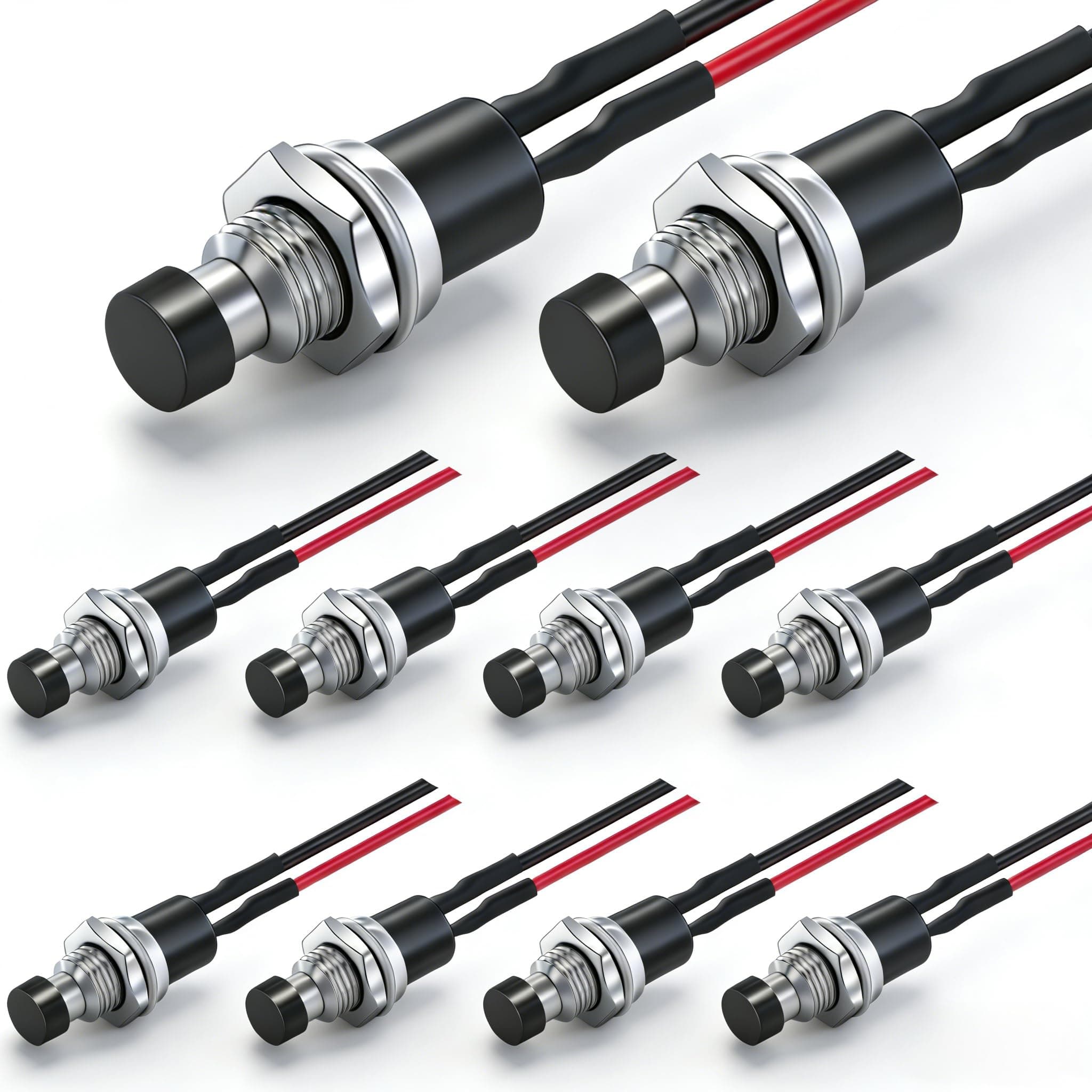 Twidec/10PCS 3V-6V-12V-24V-250V Momentary Push Button Switch 2 Pins ON/Off SPST 7mm Black Normal Open 1A Mini Round Button Switch with Pre-soldered Wires PBS-110-XBK