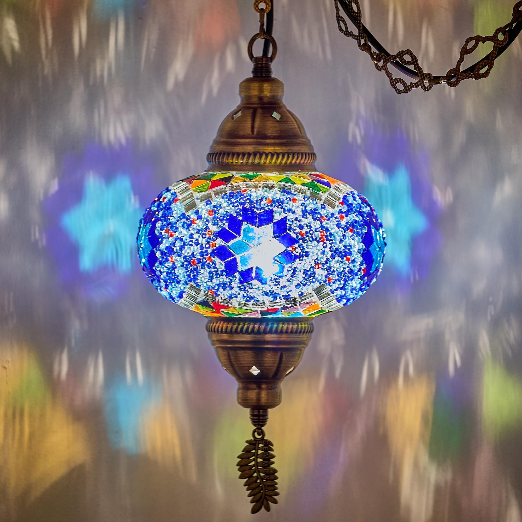 DEMMEX Plug-in Turkish Moroccan Mosaic Hanging Pendant Ceiling Light – Swag Lamp Fixture with 15ft Cord & Chain, Handcrafted Glass, Vintage Tiffany Style, Mediterranean Exotic Decor, Multicolored&Blue