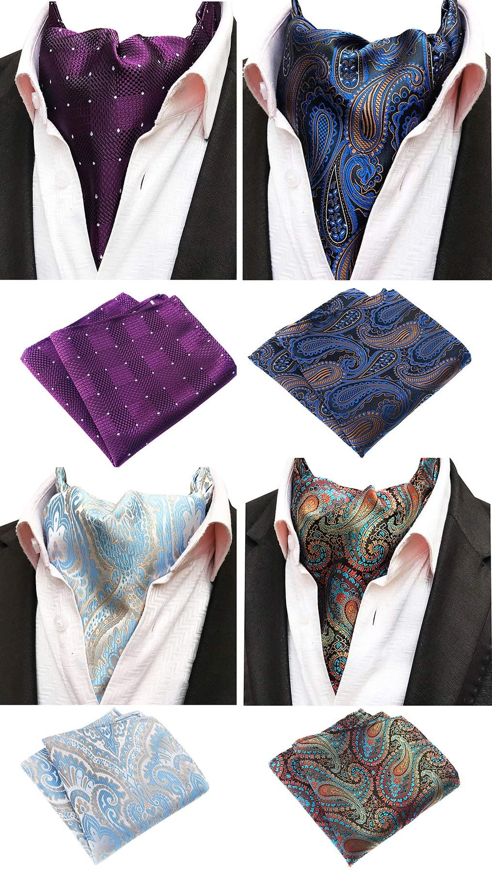 MOHSLEE Men's Exquisite 4 Pack Cravat Floral Ascot Scarf Tie & Pocket Square Set