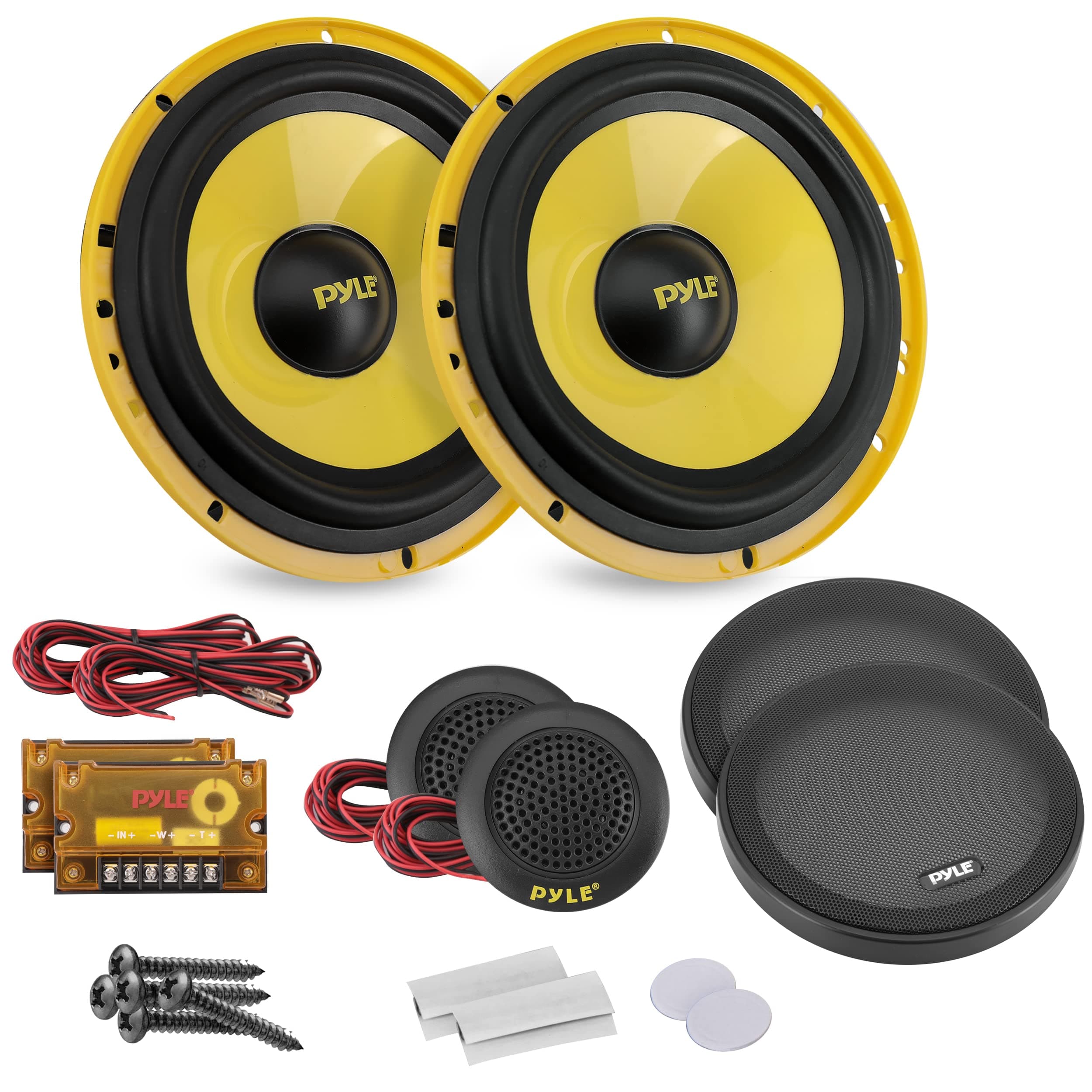 Pyle Component Car Speakers 16.5cm – 2-Way 400W High-Performance Audio with Yellow Poly Injection Cone, Butyl Rubber Surround, 1.13kg Magnet, Crossover & Wiring Kit