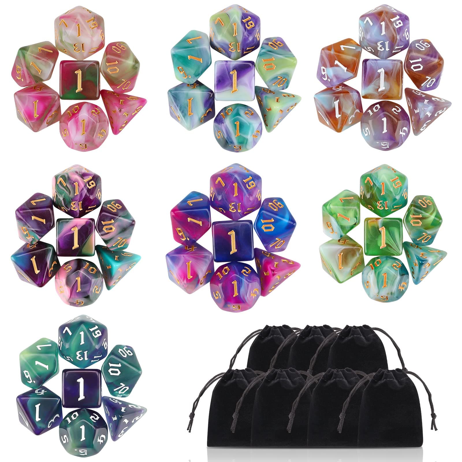DND Dice Set, Surhugvy 7 X 7 (49 Pieces) Polyhedral Dice Set for Dungeons and Dragons DND RPG MTG Table Games Gift with 7 Pack Black Bags