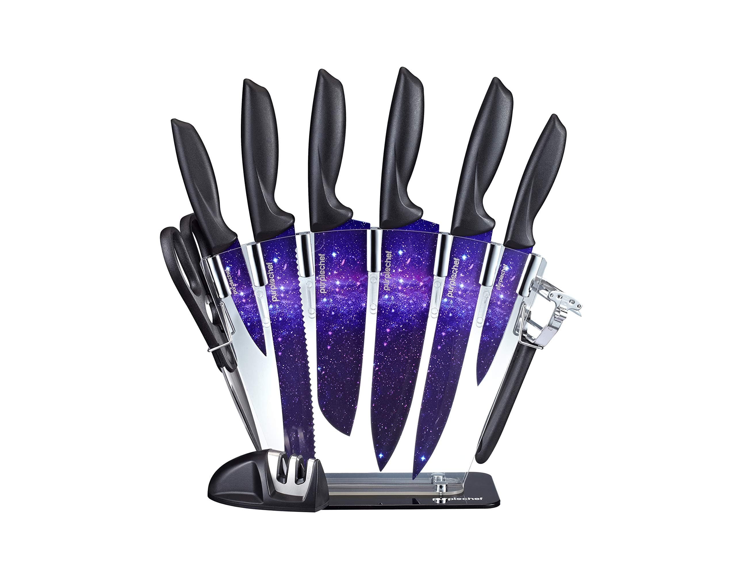 10 Pieces Purple Galaxy Kitchen Knives Set. Includes 6 Stainless Steel Knives, Scissors, Knife Sharpener, Peeler, and Clear Acrylic Stand.