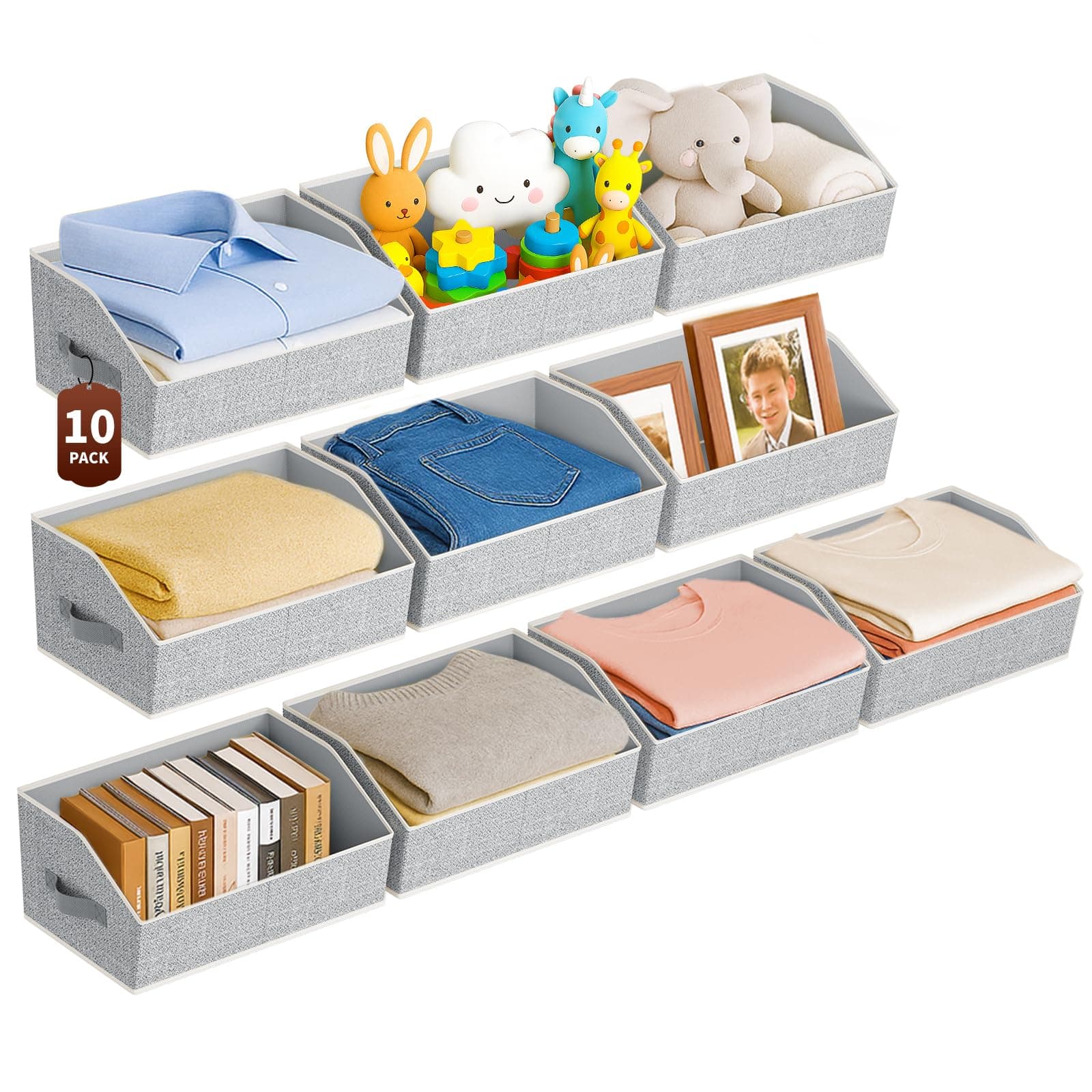 Large Closet Organizers and Storage Bins - 10 Pack Trapezoid Storage Baskets for Shelves, Foldable Fabric Baskets with Handles Ideal for Closet, Basket, Wardrobe and Shelf Storage, Beige