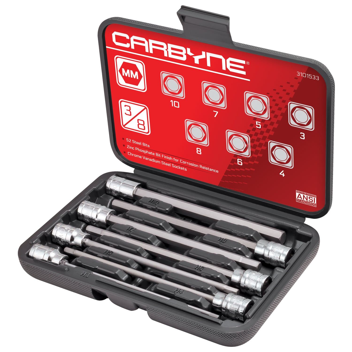 CARBYNE Metric Extra Long Hex (Allen) Bit Socket Set - 7 Pieces, (3mm to 10mm Sizes), 3/8" Drive, S2 Steel Bits, CrV Sockets • From a Family-Run Tool Company Based in the U.S.A.