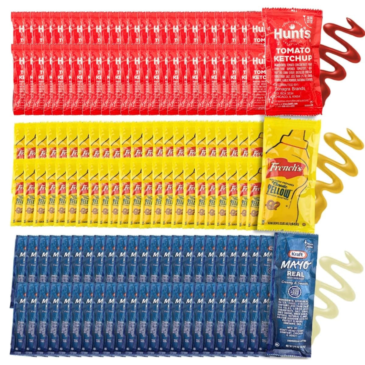 Condiment 150 assortment gift pack - 50 Single Serve Pouches of Each: Ketchup, Mustard, and Mayo - 150 Pack, Great for Picnics, Boxed Lunch, BBQ, Travel, and Parties