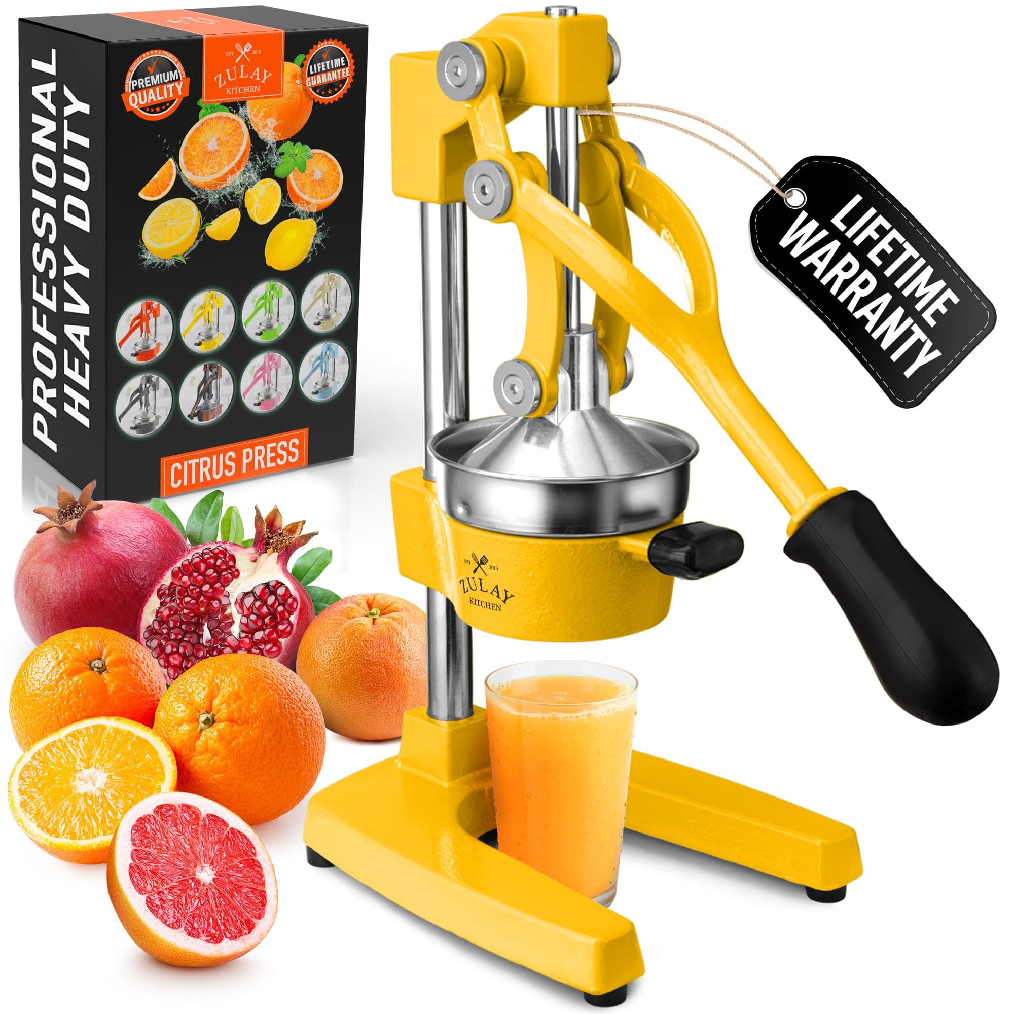 Zulay Kitchen Cast Iron Juicer - Easy-to-Clean Heavy-Duty Manual Juicer, Professional Citrus Juicer - Stainless Steel Lemon Squeezer - Manual Citrus Press & Orange Squeezer - Orange Juicer (Yellow)