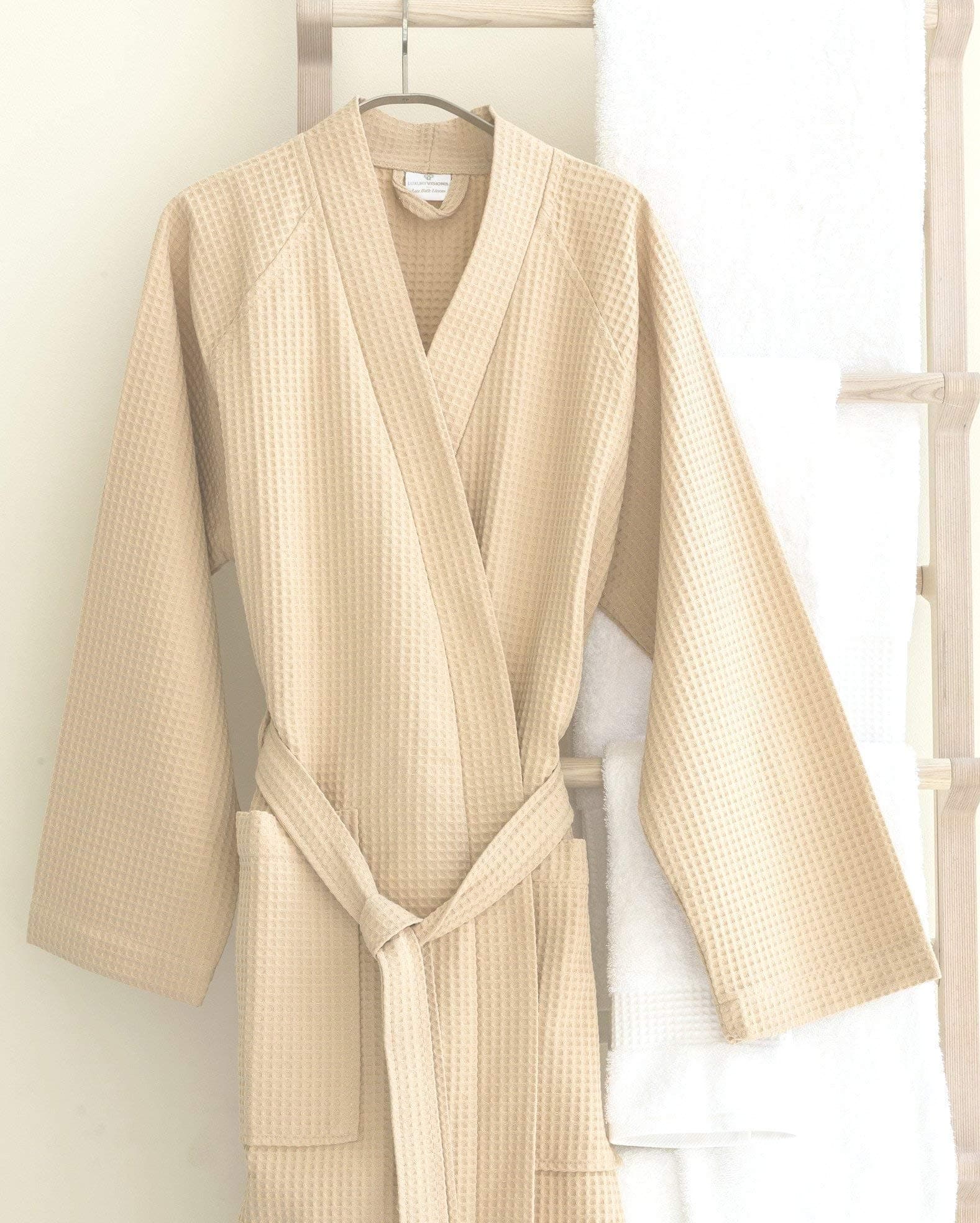 Soft Comfortable Lightweight Open Front Unisex Waffle Bathrobe Beige,Free Size