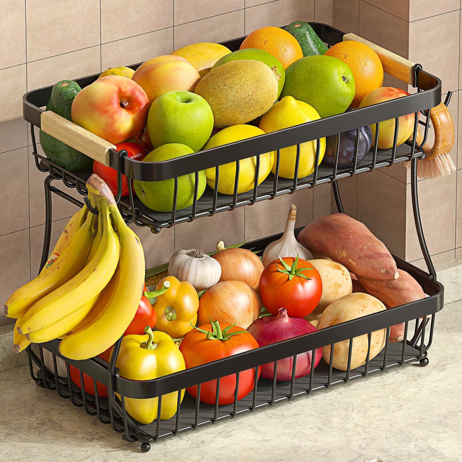 Sevenblue 2 Tier Large Fruit Basket for Kitchen Counter with 2 Mobile Banana Hangers, 2026 Pro Detachable Metal Fruit Bowl with Wooden Handle, Fruit Holder for Bread Snack Veggies with Protective Mats